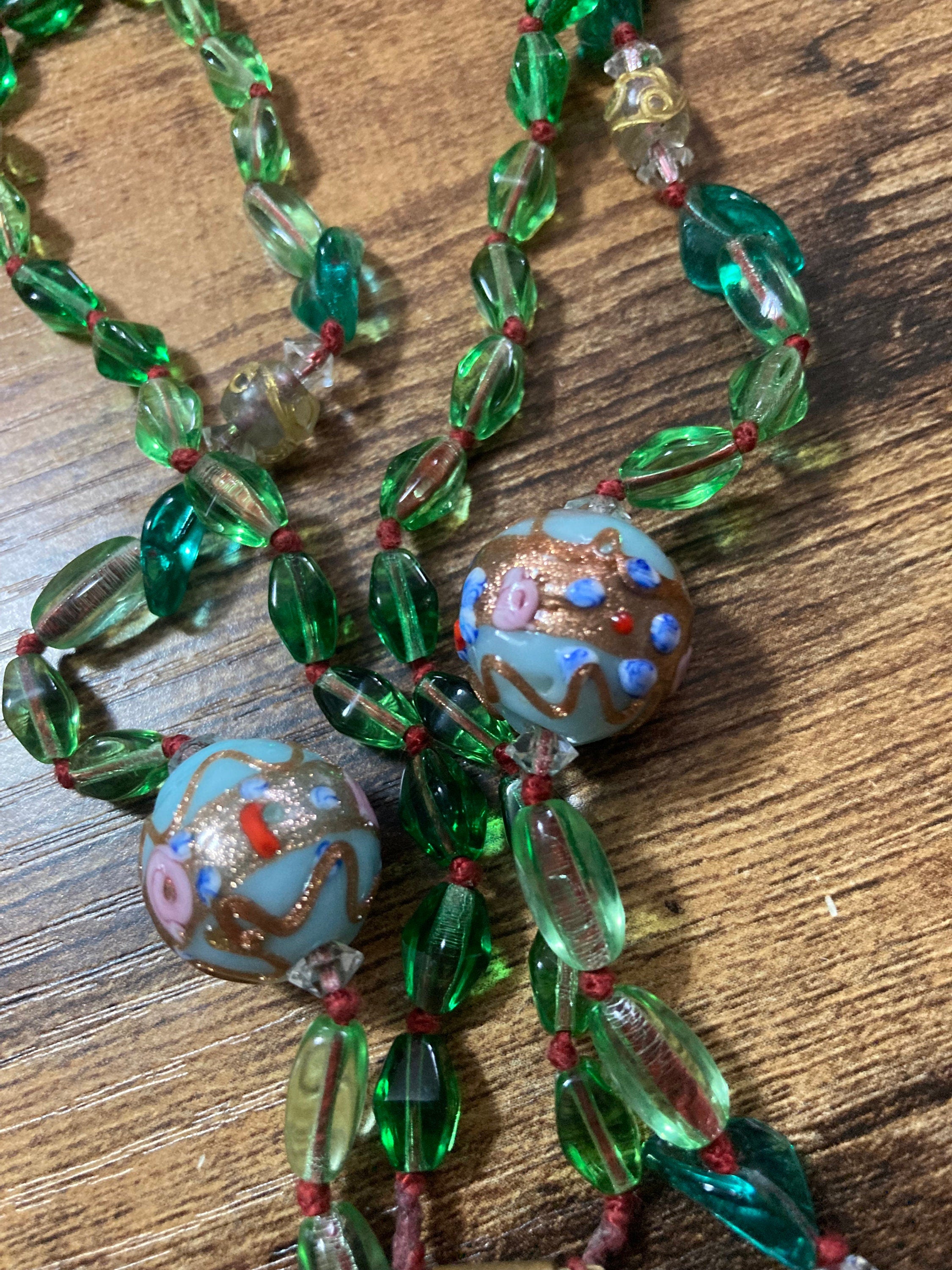 art Deco Czech glass and crystal emerald green 72cm wedding cake beads Necklace Antique 1920s