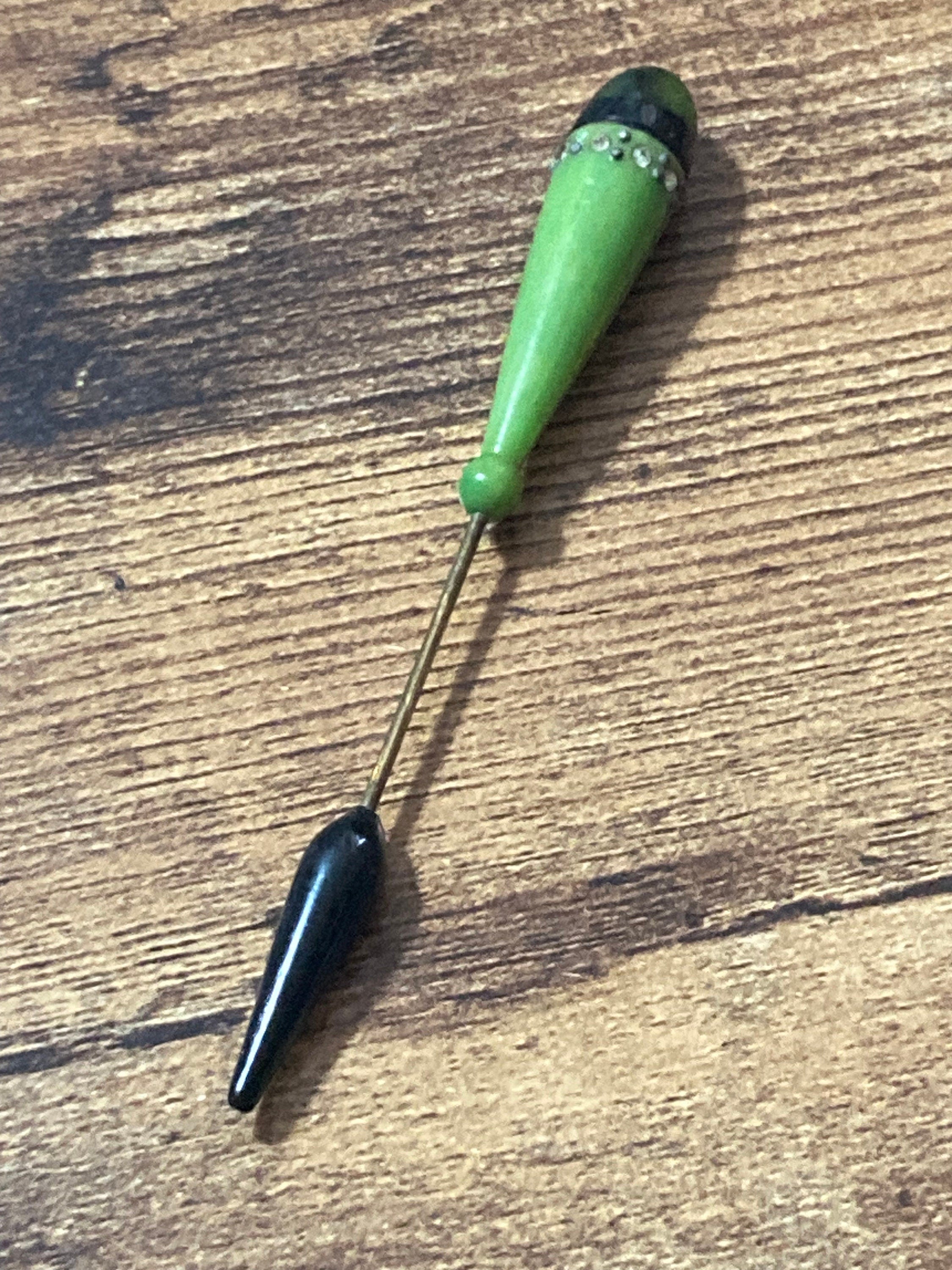 True Art Deco French bright green pique work galalith hat flash diamanté paste rhinestone jabot pin