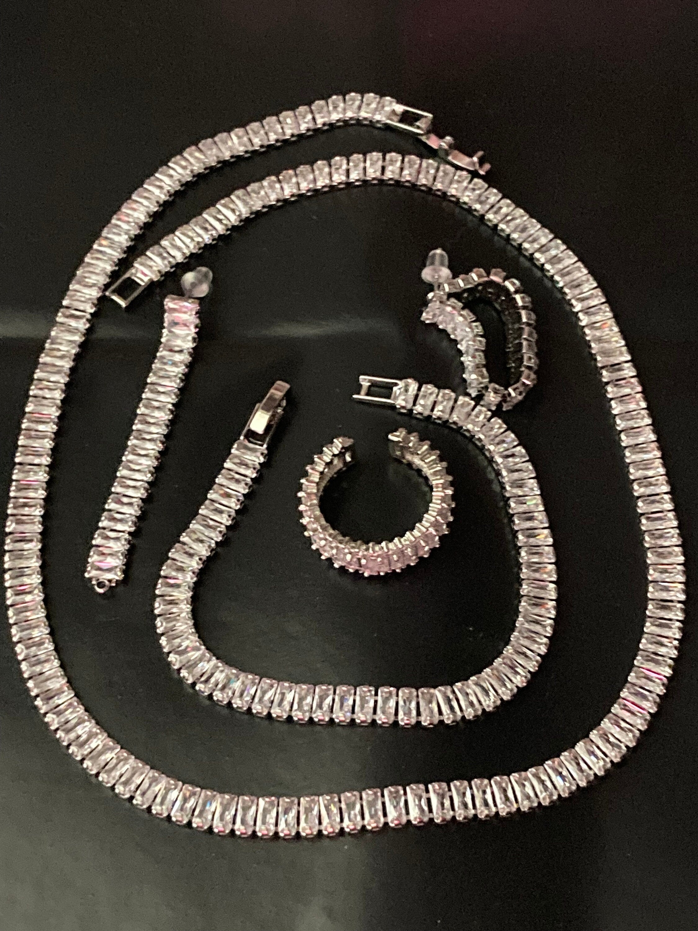 clear diamanté CZ Crystal bezel jewellery set Silver plated necklace, ring, tennis bracelet and pierced earrings