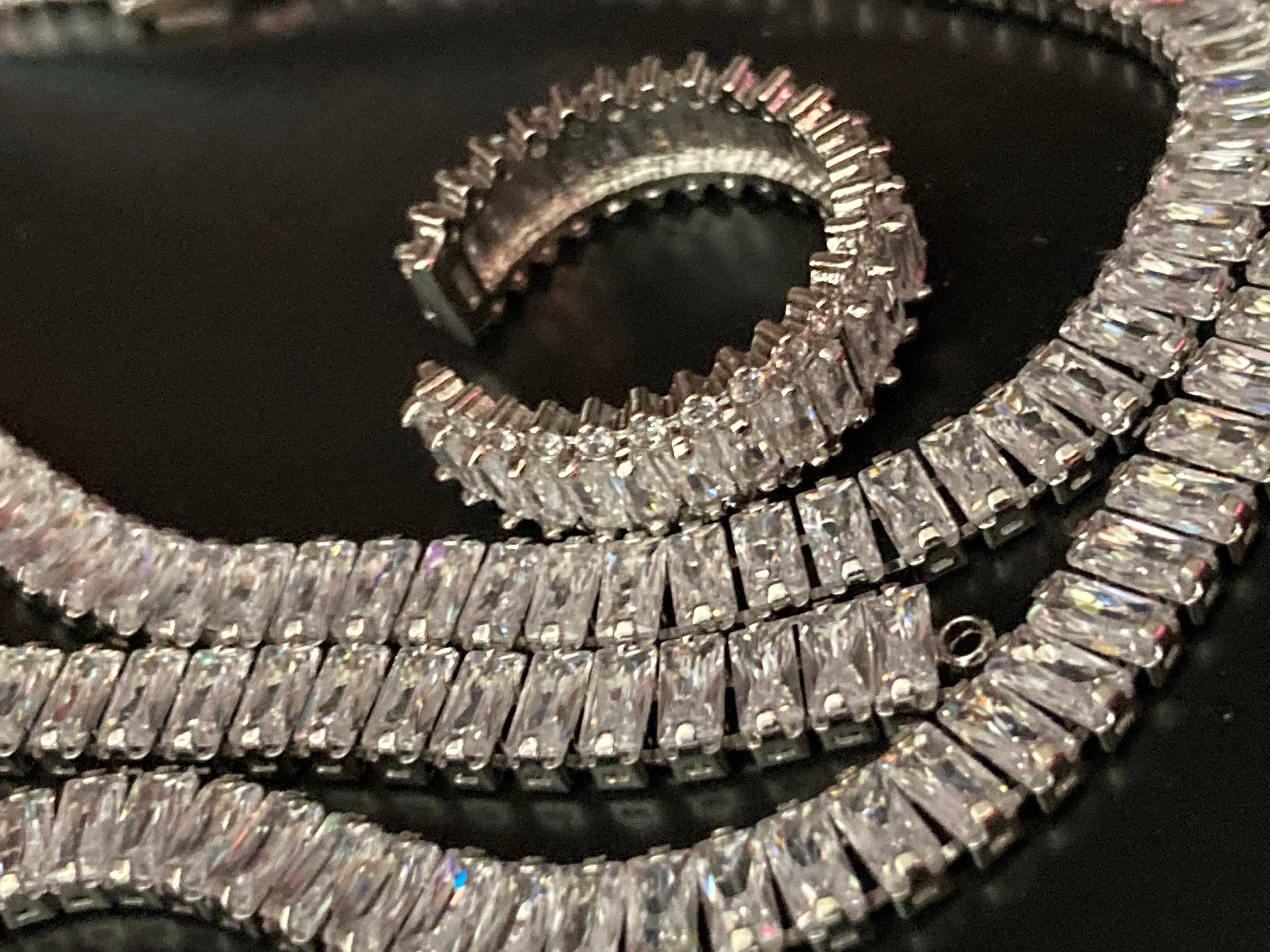 clear diamanté CZ Crystal bezel jewellery set Silver plated necklace, ring, tennis bracelet and pierced earrings