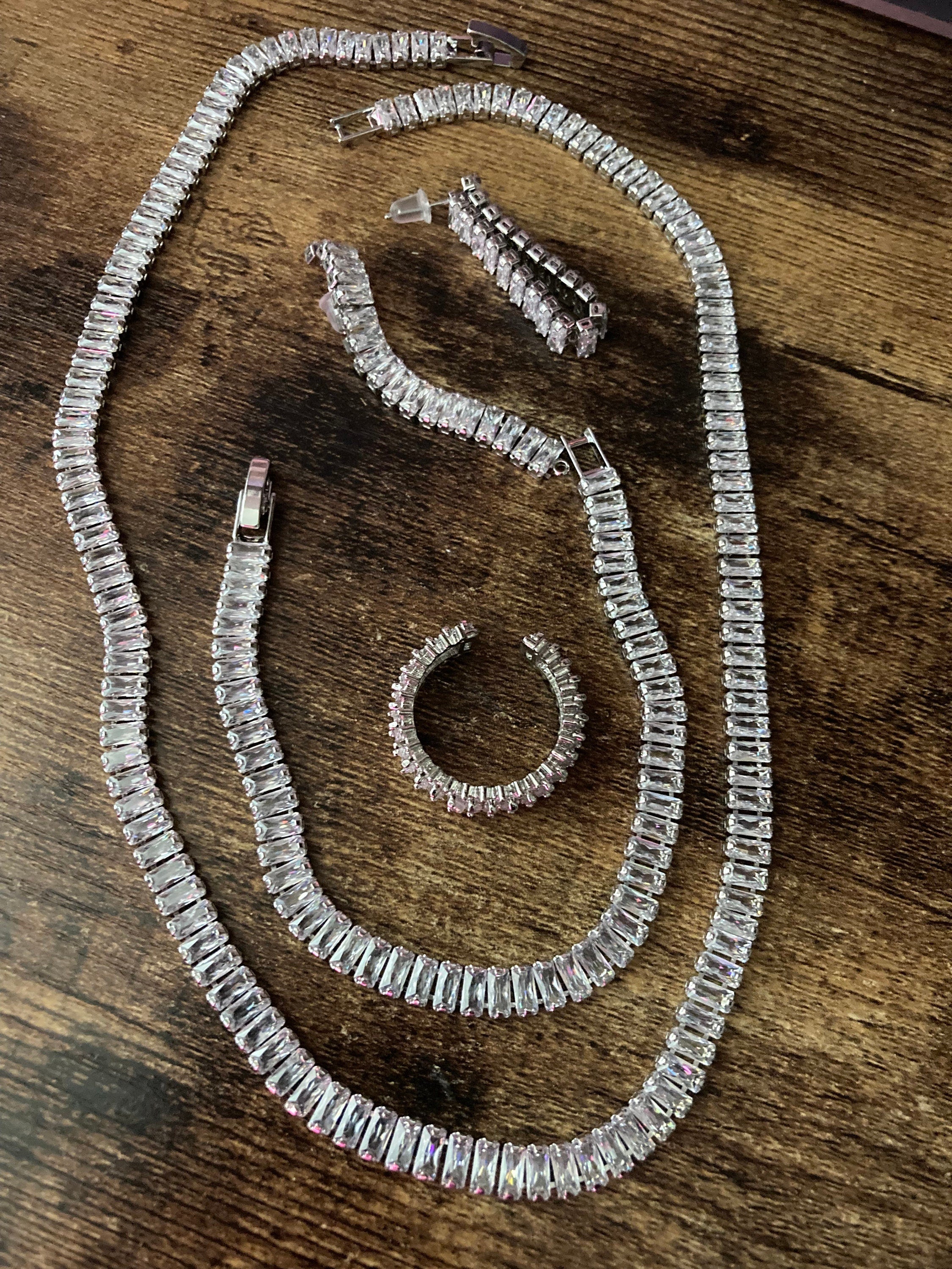 clear diamanté CZ Crystal bezel jewellery set Silver plated necklace, ring, tennis bracelet and pierced earrings