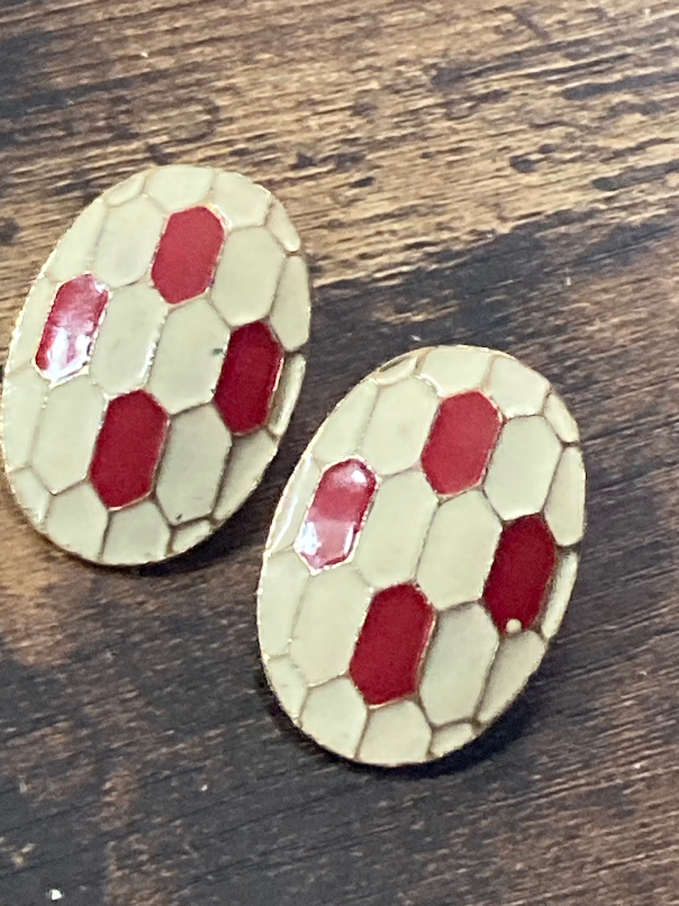 Oversized vintage large Gold tone white and red enamel Oval clip on earrings