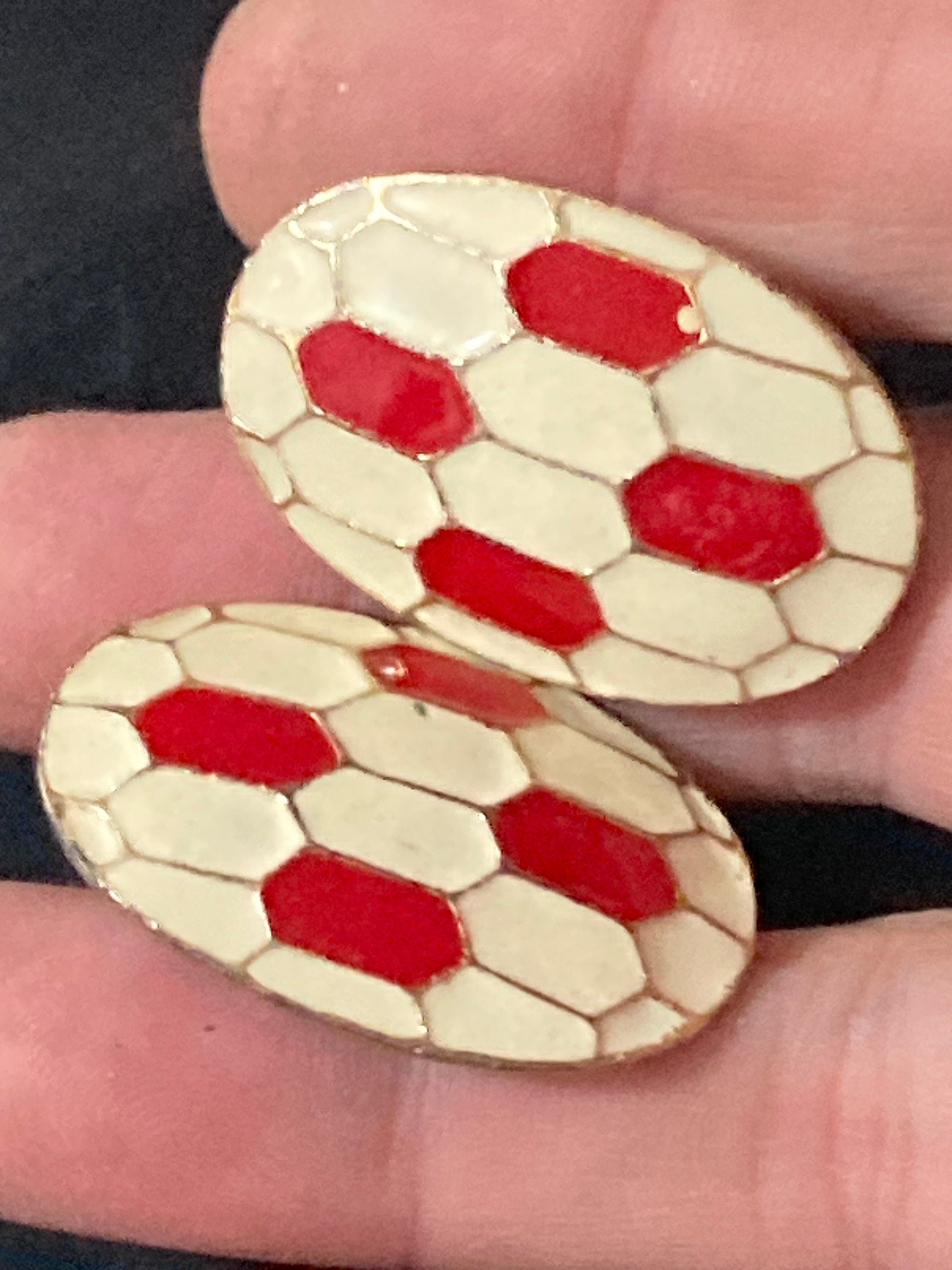 Oversized vintage large Gold tone white and red enamel Oval clip on earrings