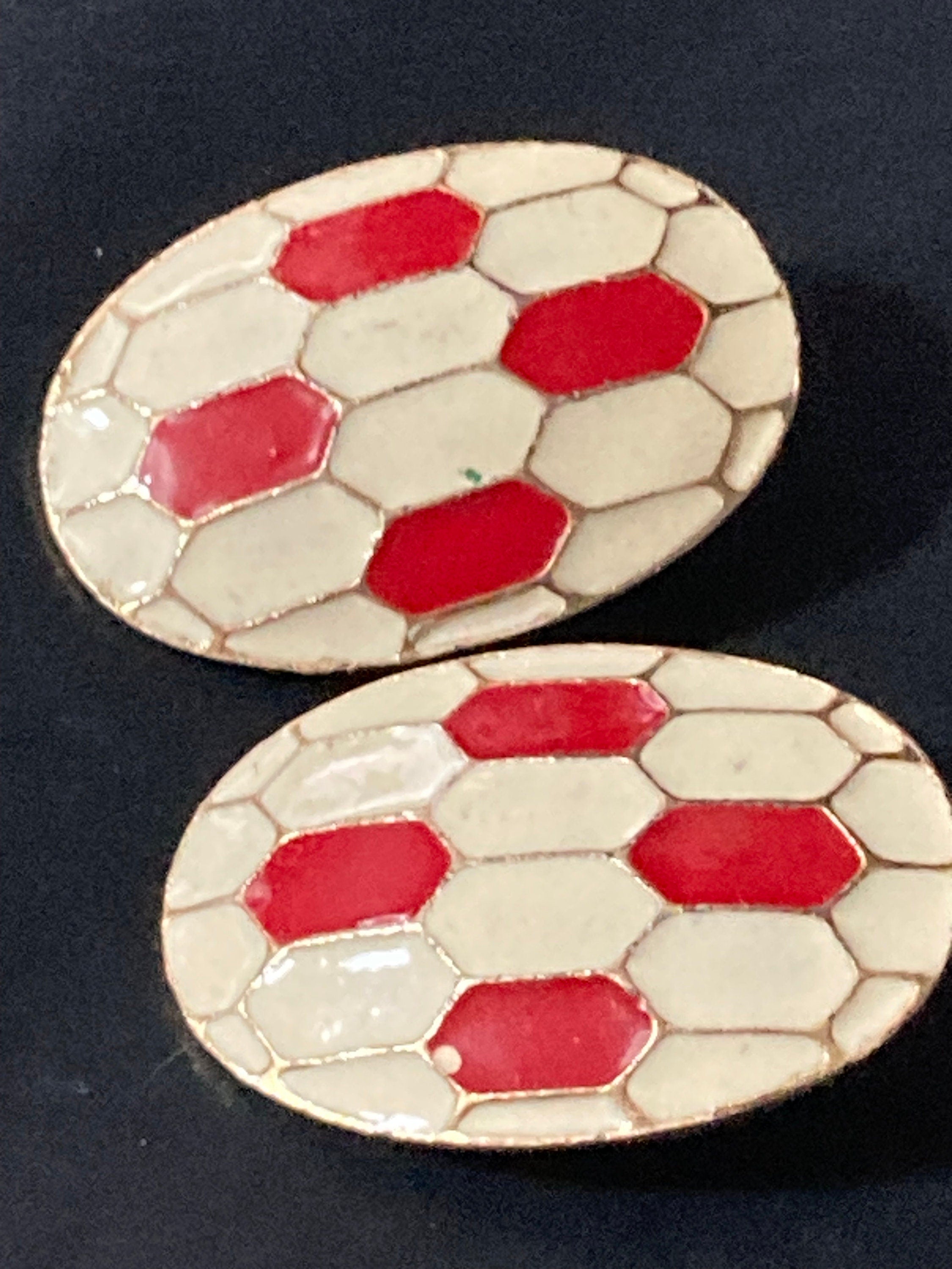 Oversized vintage large Gold tone white and red enamel Oval clip on earrings