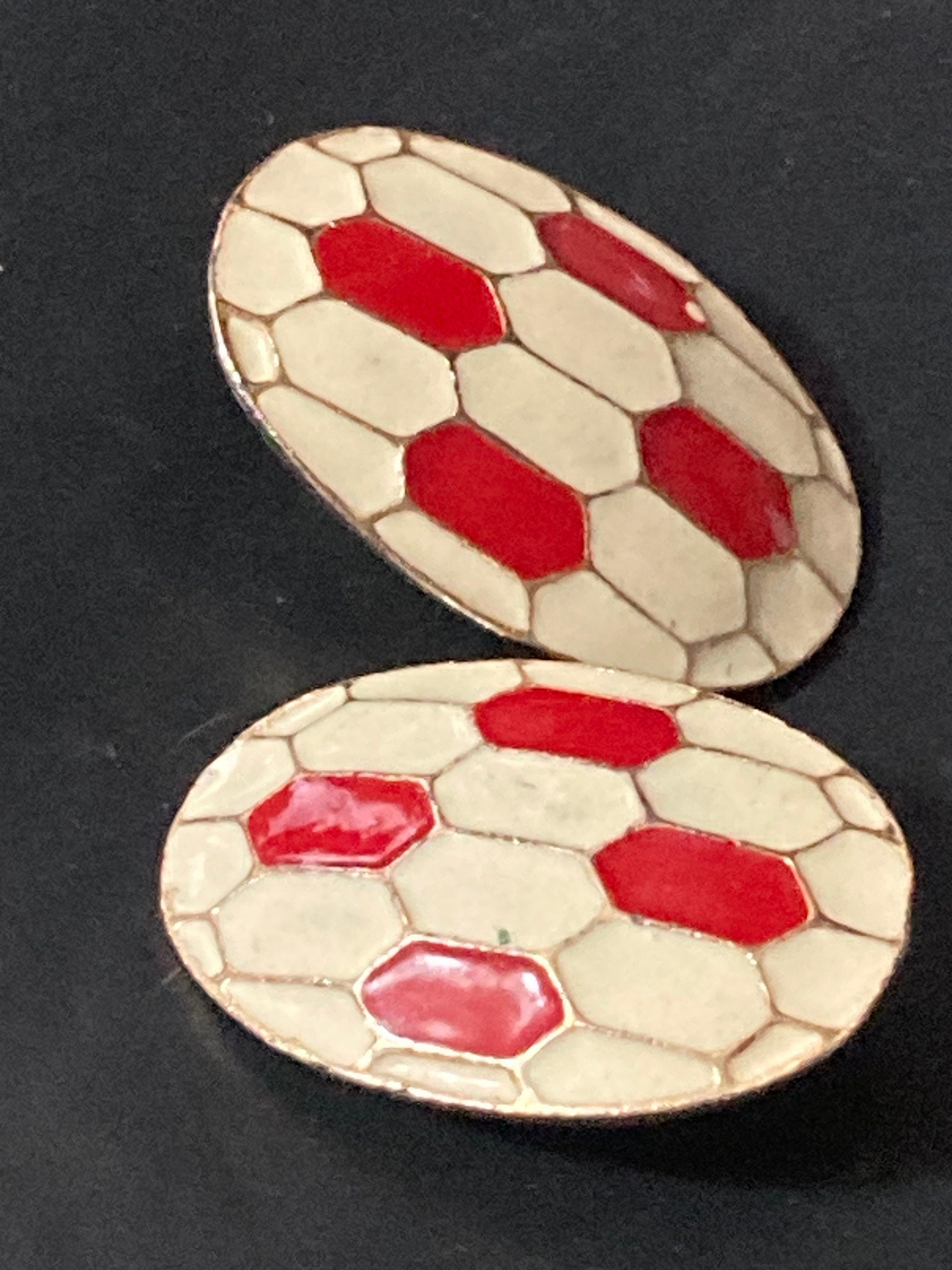 Oversized vintage large Gold tone white and red enamel Oval clip on earrings