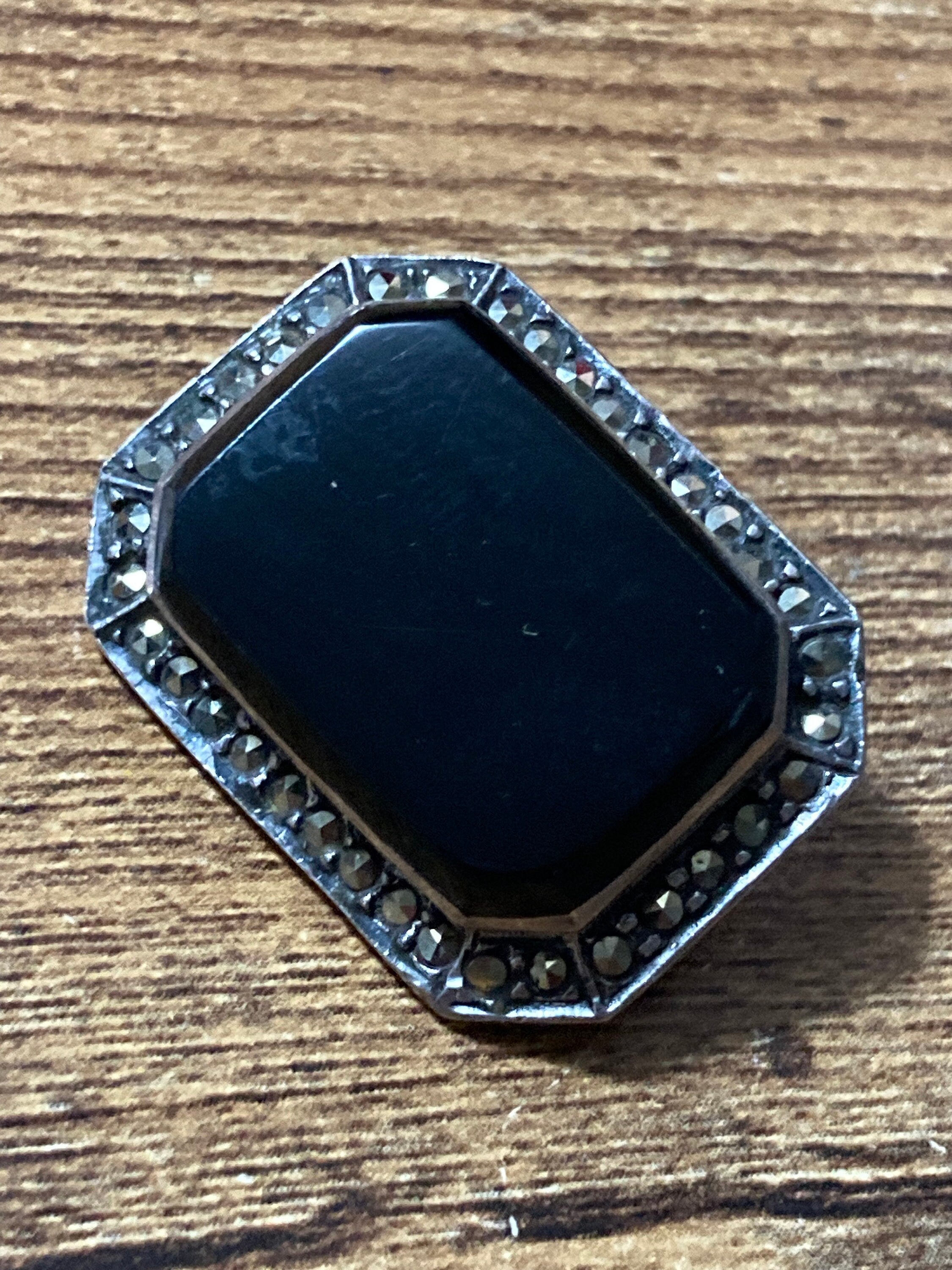 3cm Vintage Art Deco jet black onyx rectangular Sterling 925 solid silver marcasite Brooch
