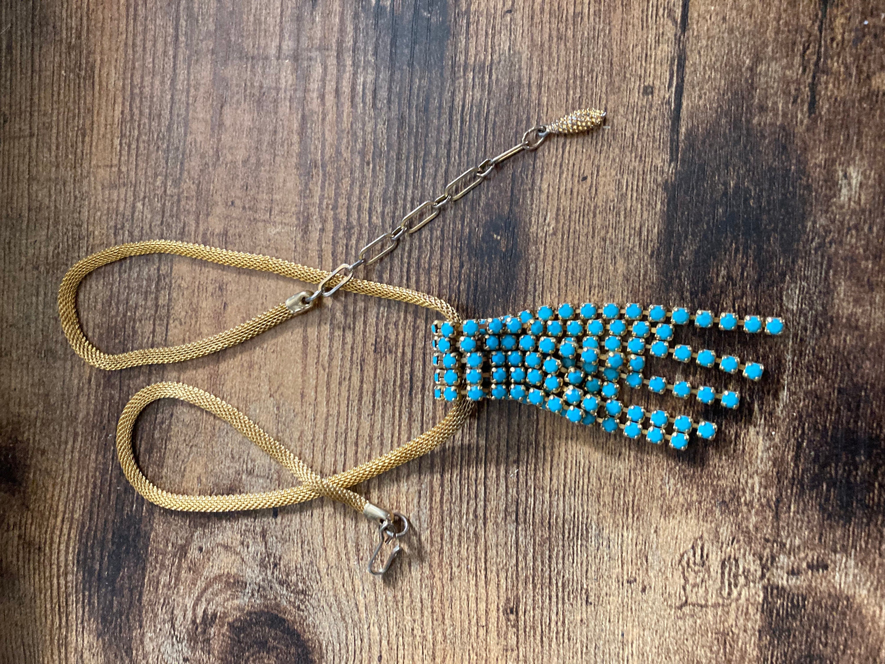 Vintage gold tone mesh lariat drop necklace with turquoise glass paste stones