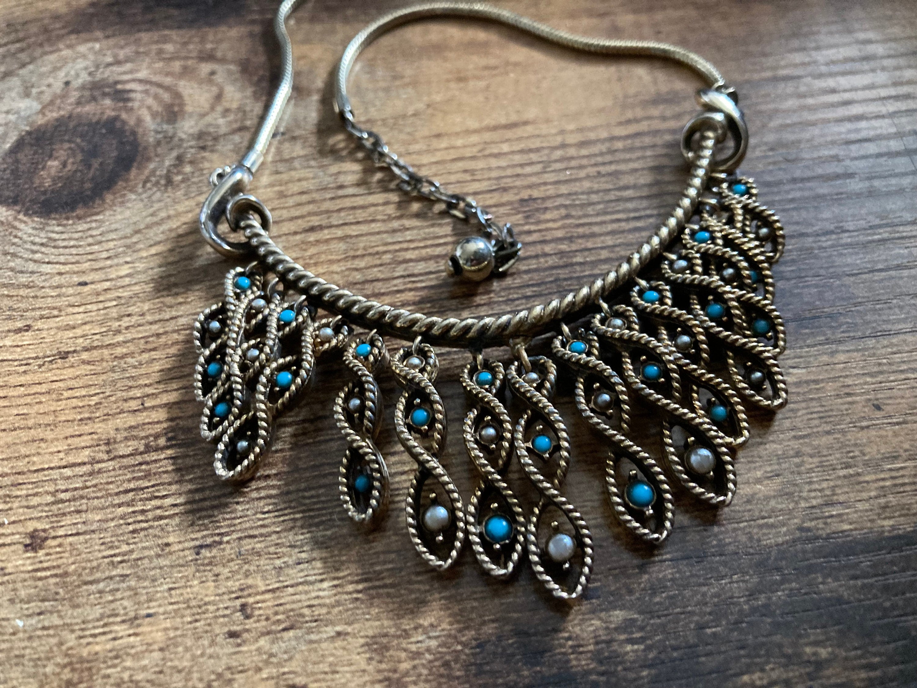 Petite neck turquoise clear diamanté rhinestone paste swag bib necklace Vintage retro gold tone