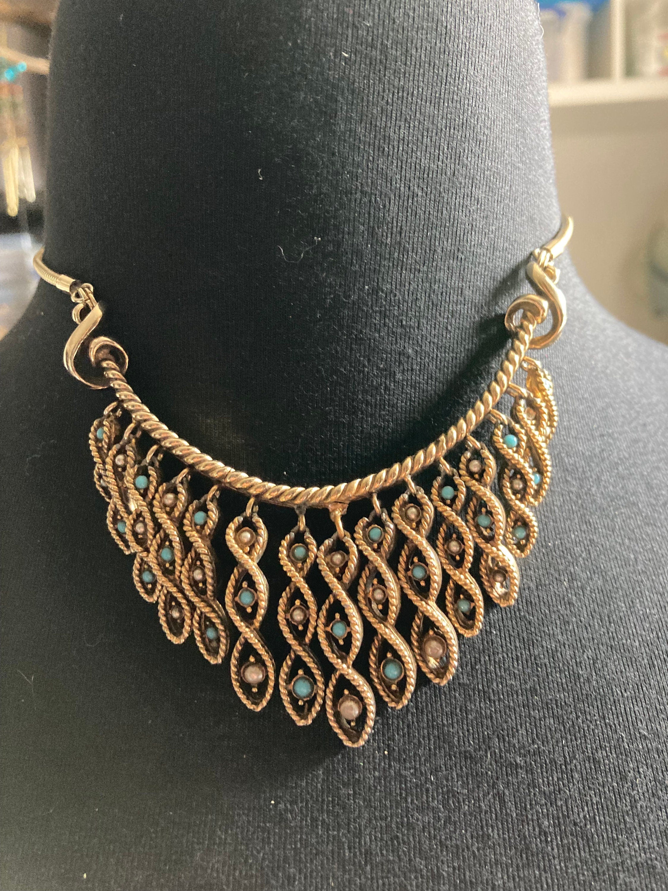 Petite neck turquoise clear diamanté rhinestone paste swag bib necklace Vintage retro gold tone