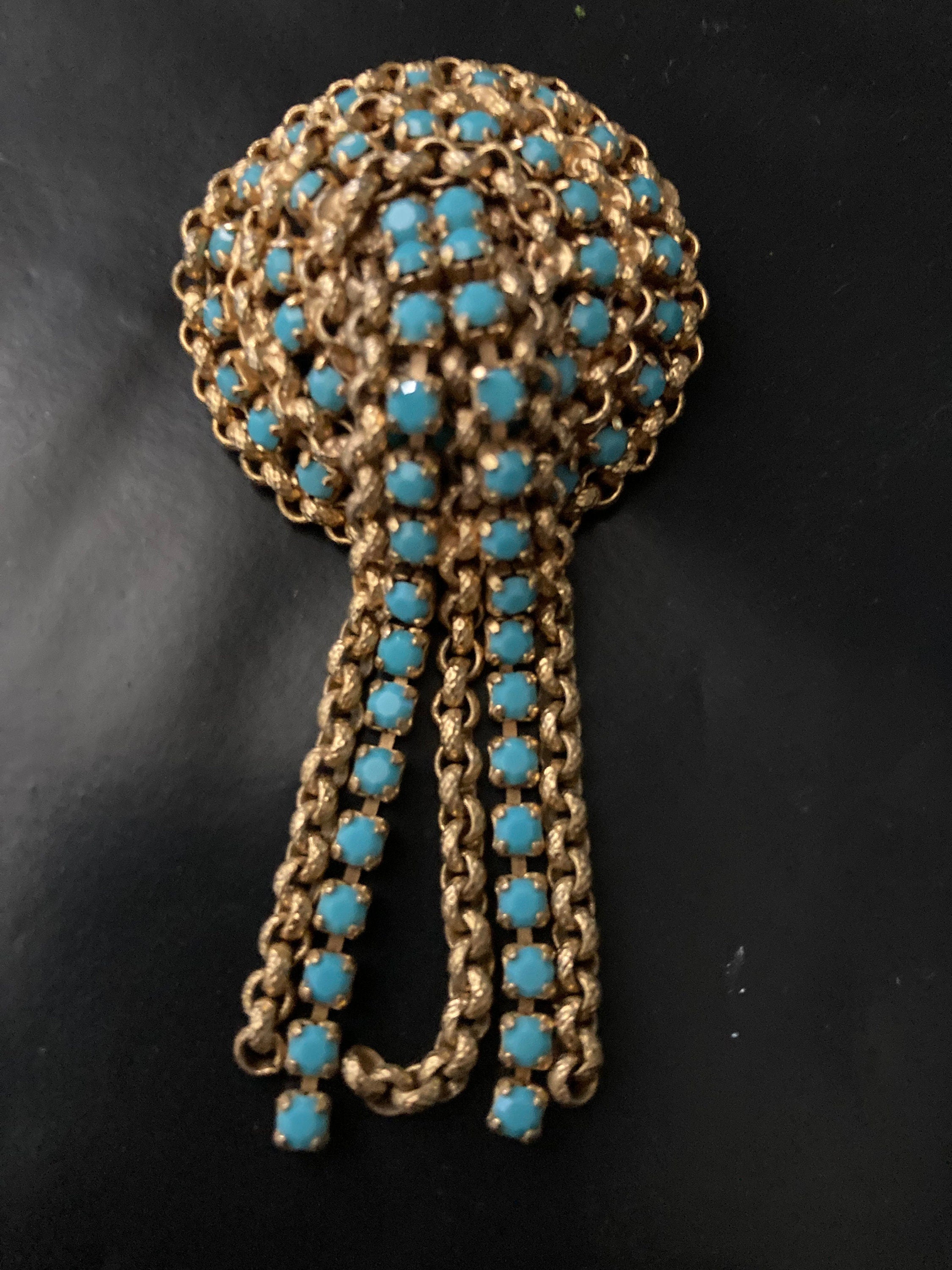 vintage gold tone mesh turquoise beaded abstract waterfall drop brooch
