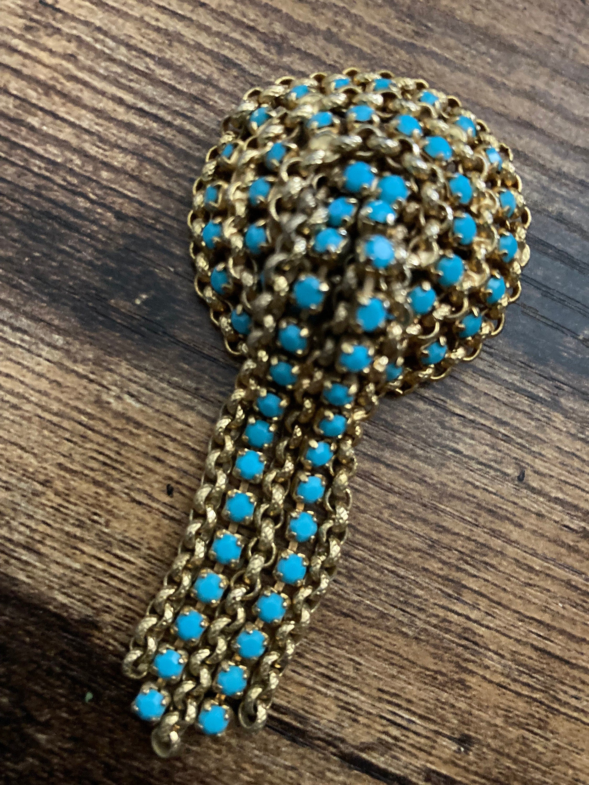 vintage gold tone mesh turquoise beaded abstract waterfall drop brooch