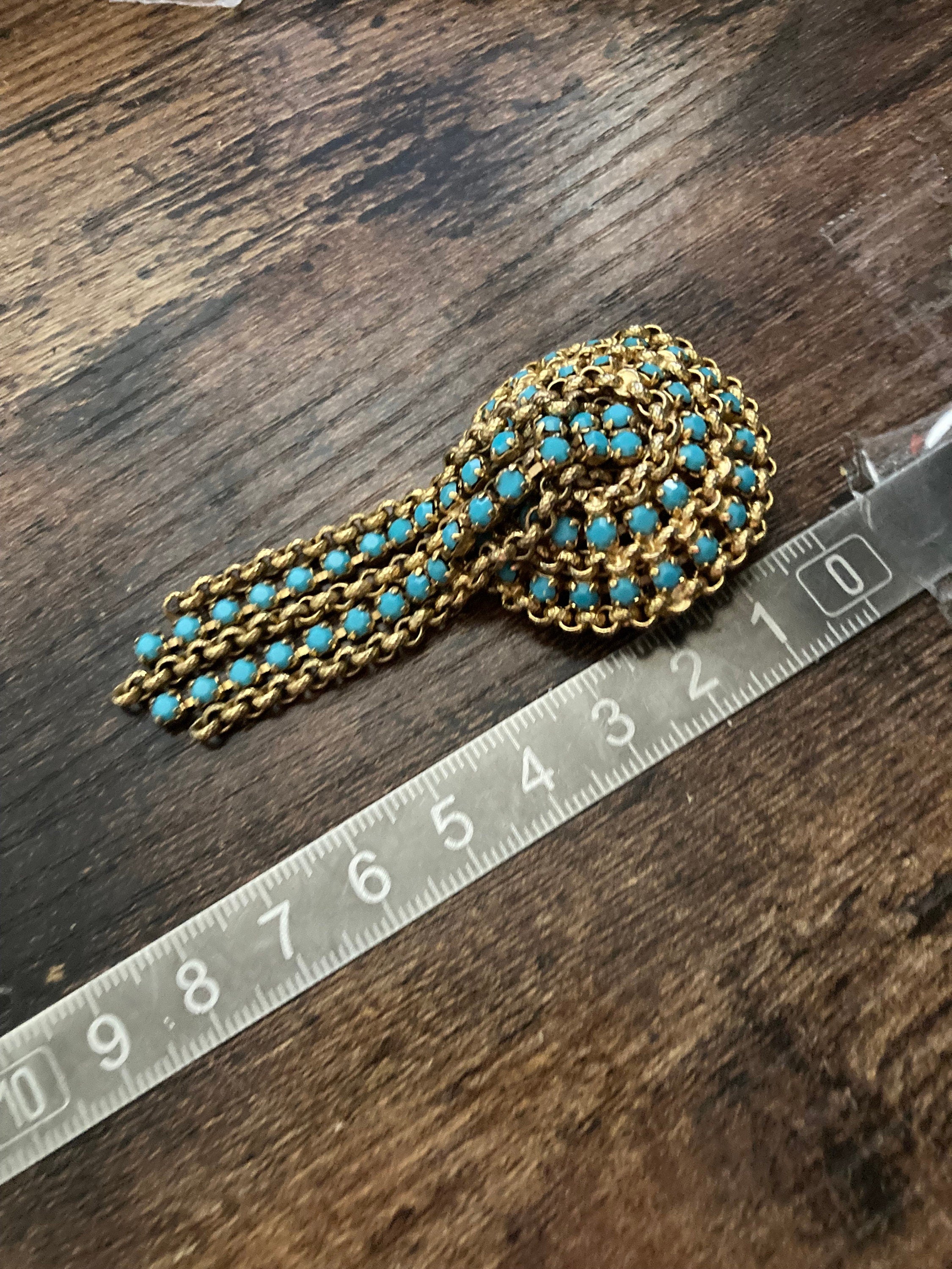 vintage gold tone mesh turquoise beaded abstract waterfall drop brooch