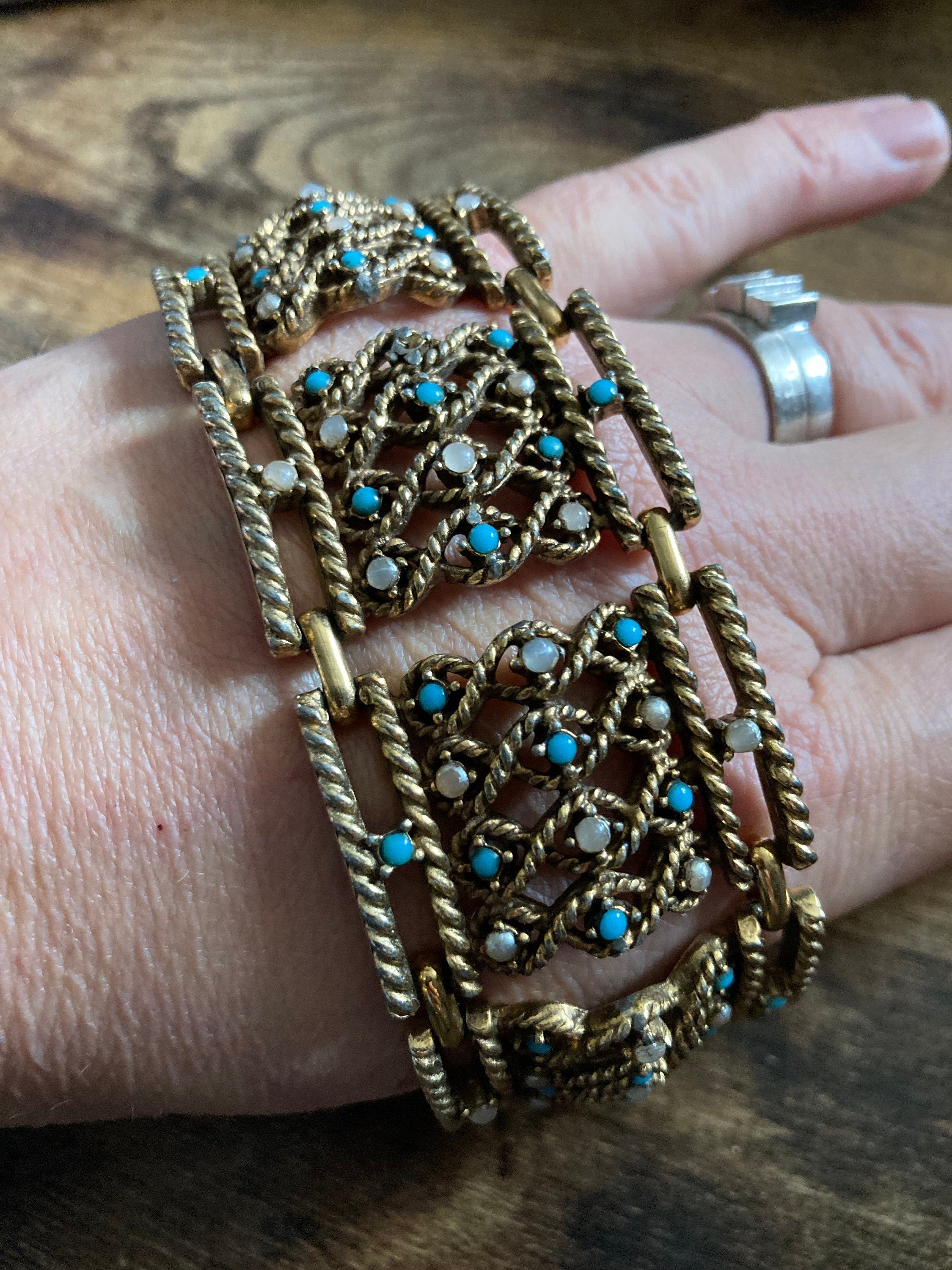 1960s 1970s turquoise rhinestone paste faux seed pearl wide bracelet gold tone