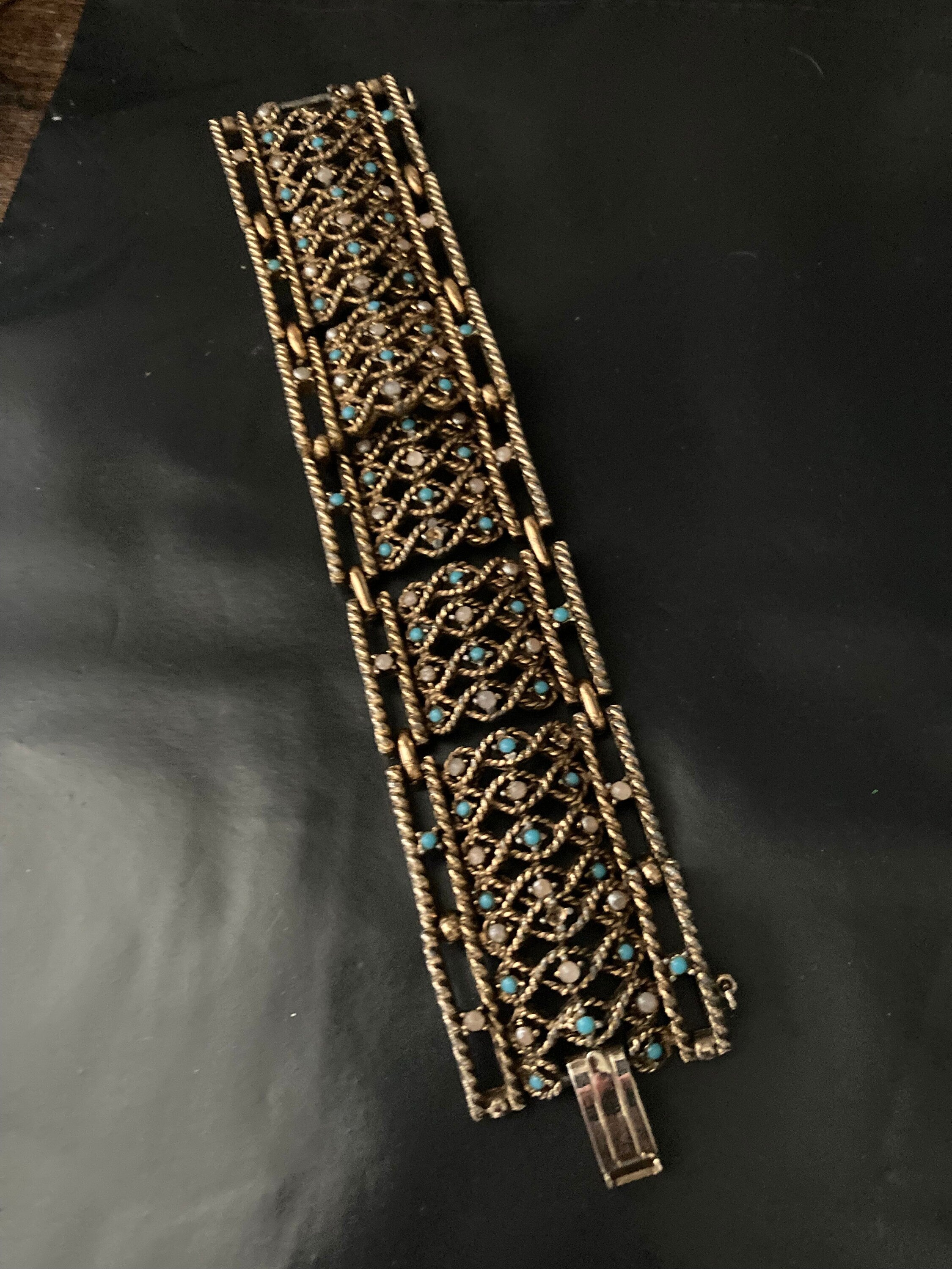 1960s 1970s turquoise rhinestone paste faux seed pearl wide bracelet gold tone