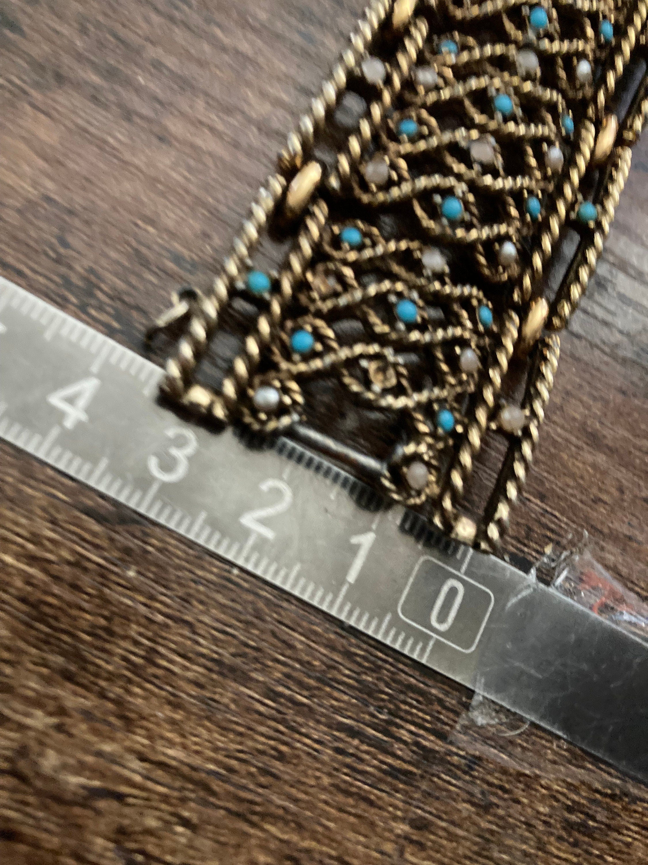 1960s 1970s turquoise rhinestone paste faux seed pearl wide bracelet gold tone