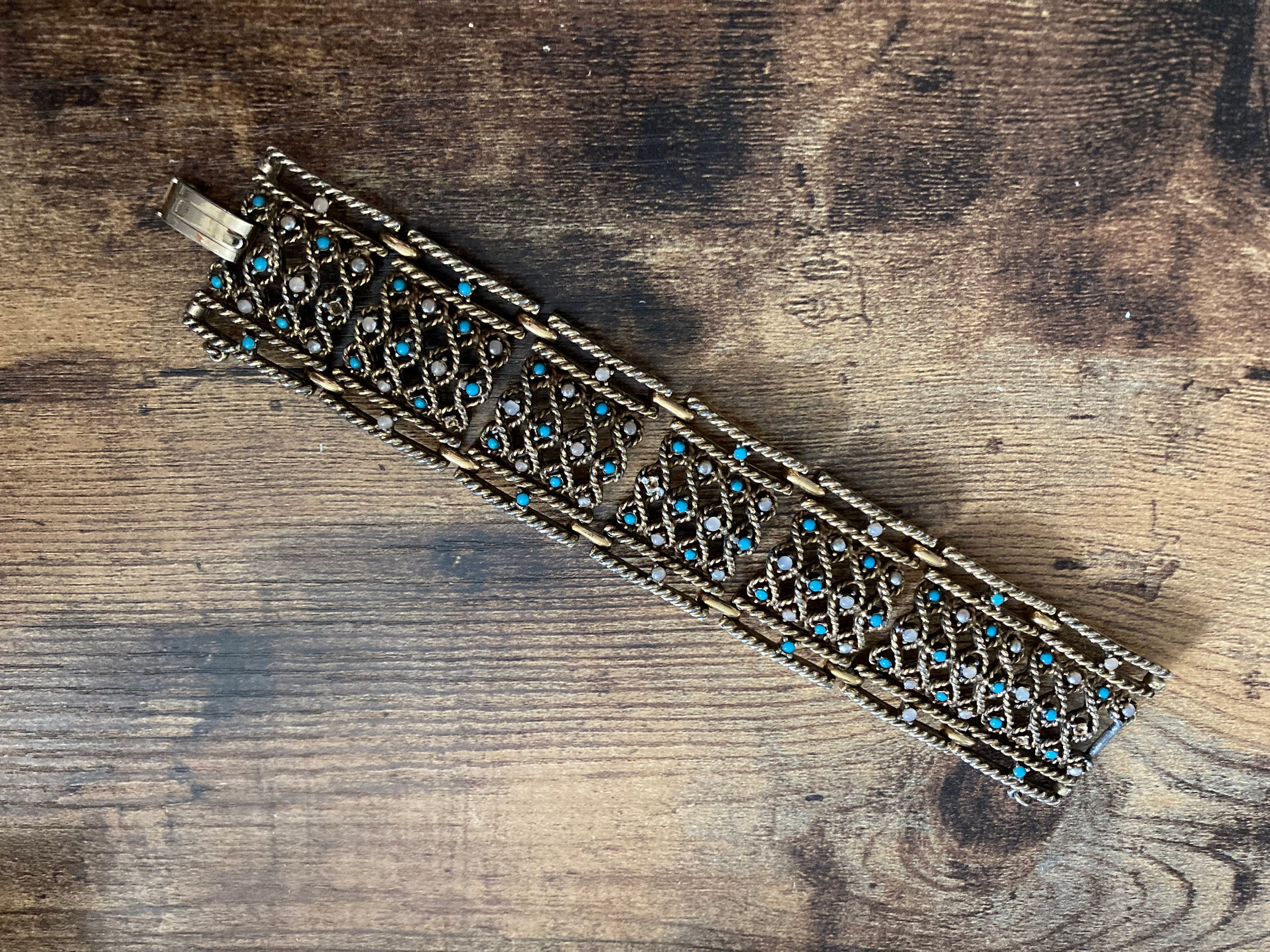 1960s 1970s turquoise rhinestone paste faux seed pearl wide bracelet gold tone