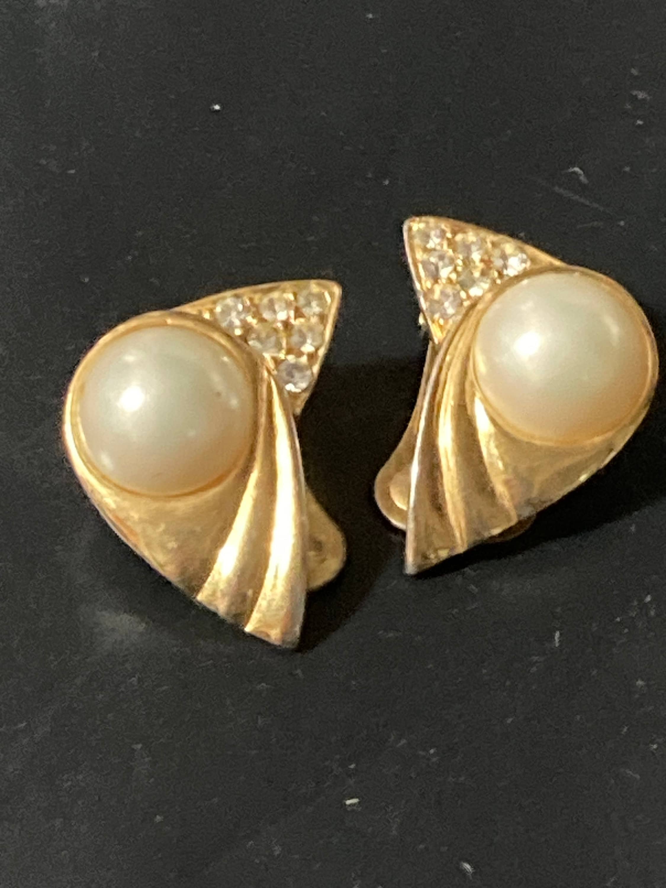 Signed Vendome Vintage gold tone faux pearl Clip On Earrings with clear rhinestone Diamanté