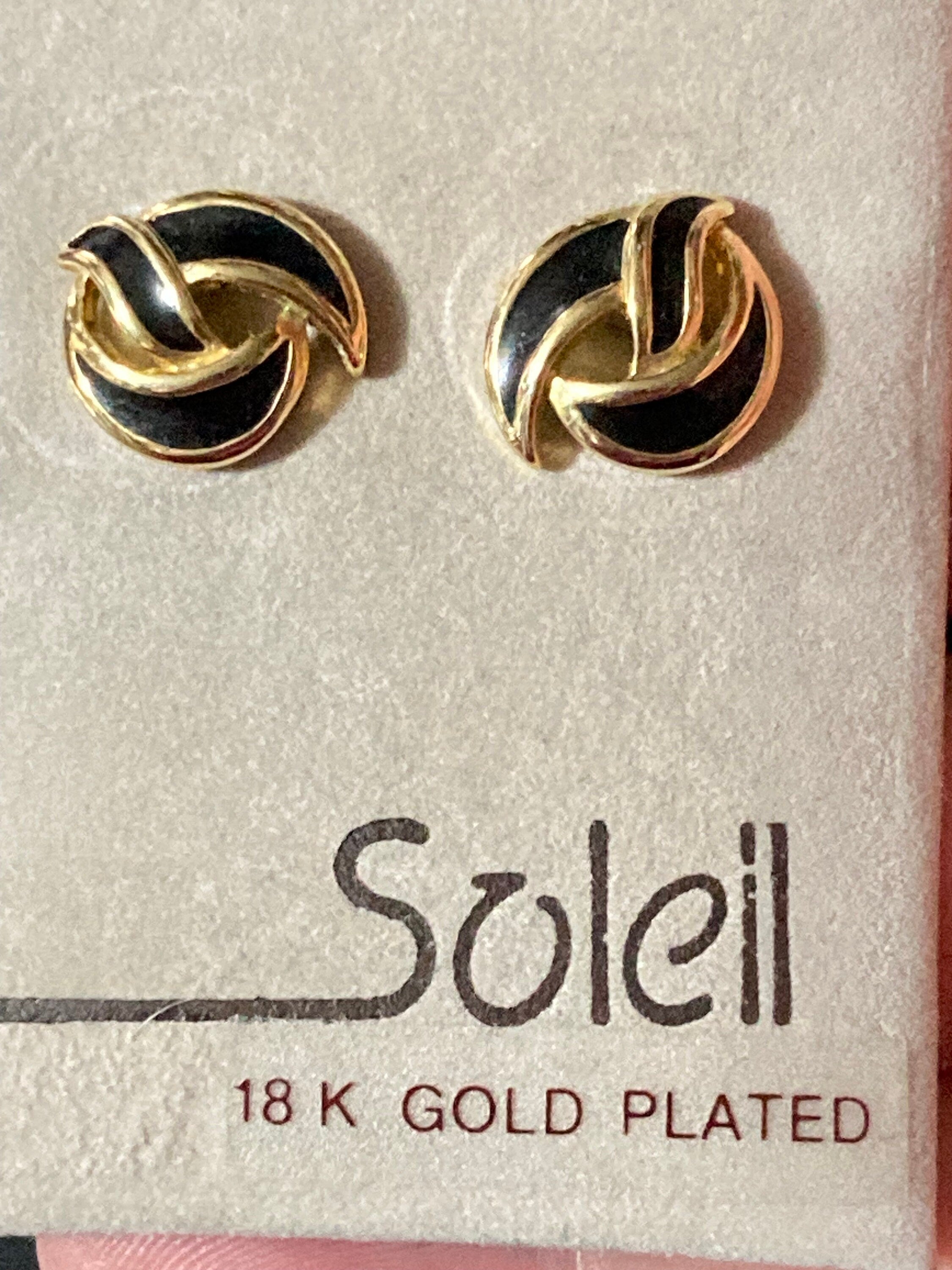 Designer Soliel black enamel pair small stud earrings pierced Vintage Gold tone