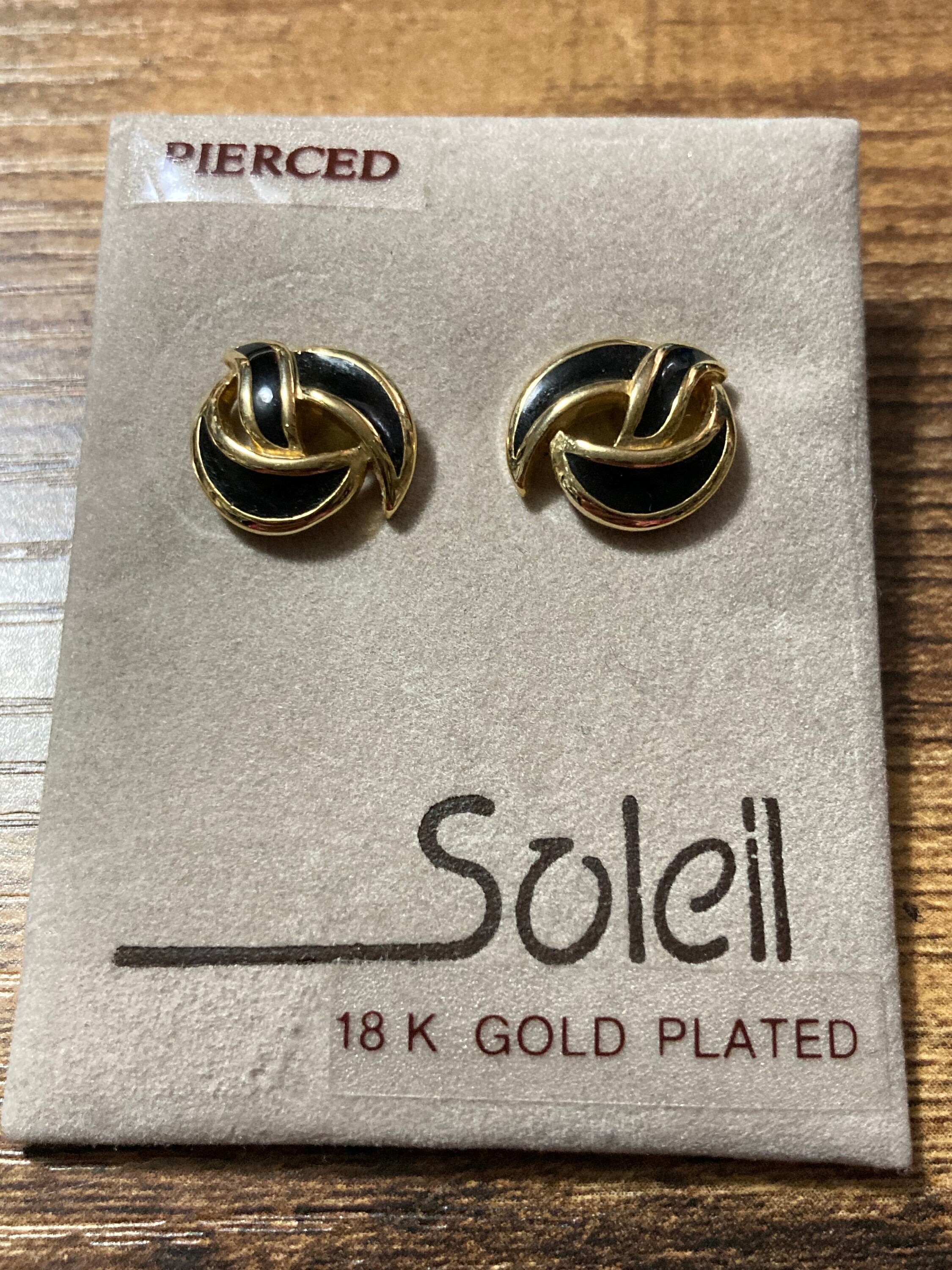 Designer Soliel black enamel pair small stud earrings pierced Vintage Gold tone