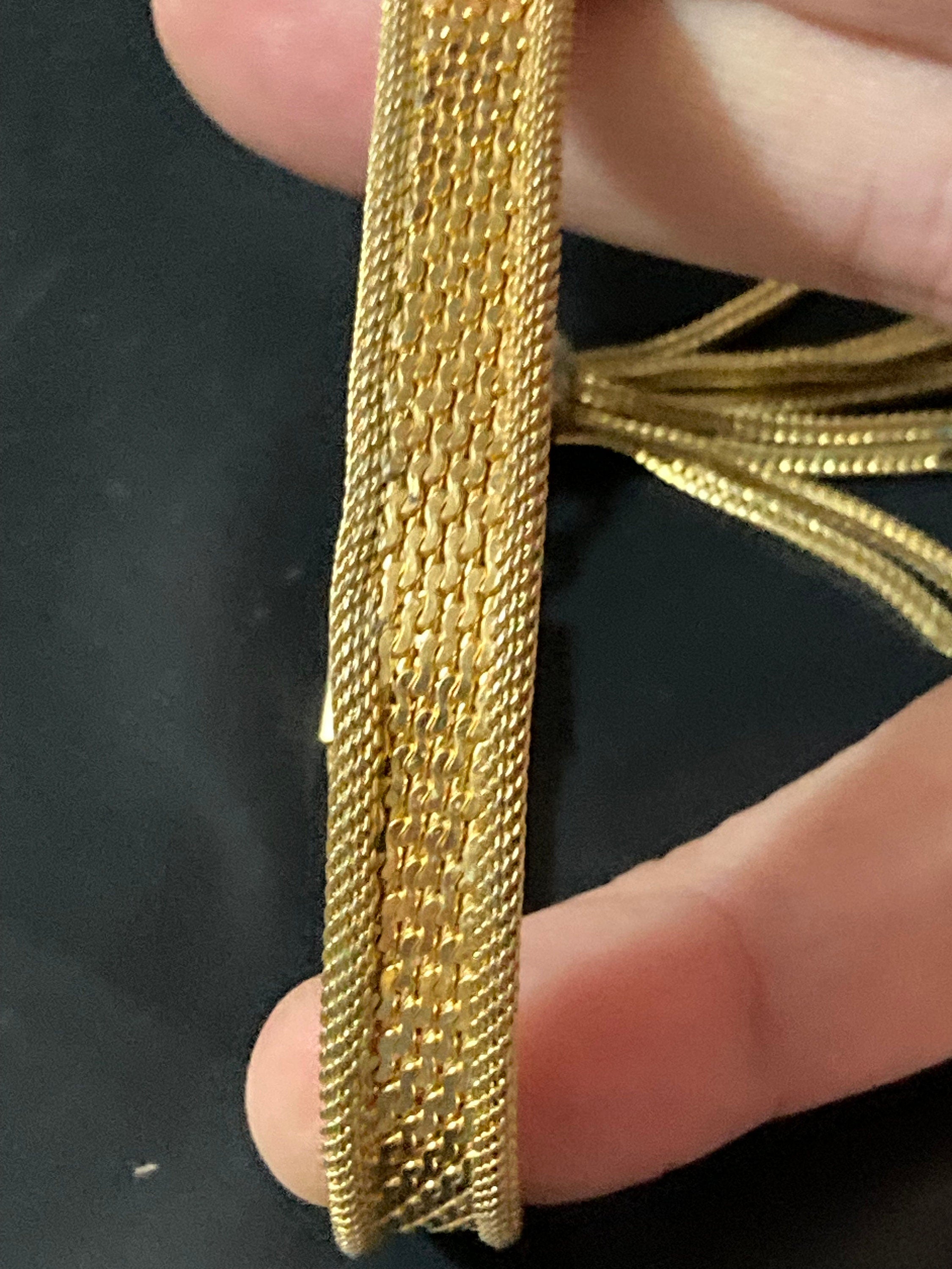 Retro 1970s gold plated articulated flat 12mm wide mesh tassel bracelet