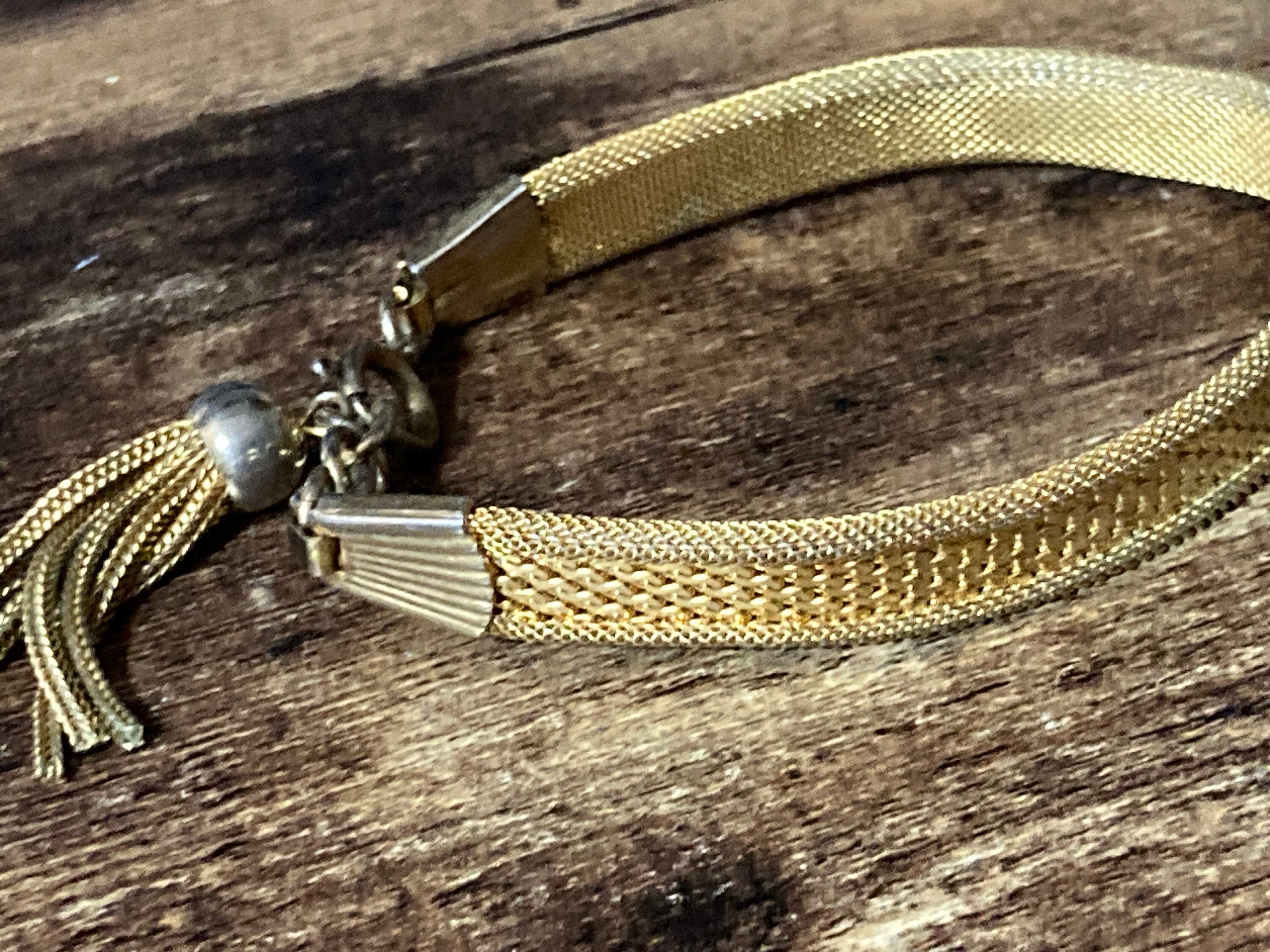 Retro 1970s gold plated articulated flat 12mm wide mesh tassel bracelet