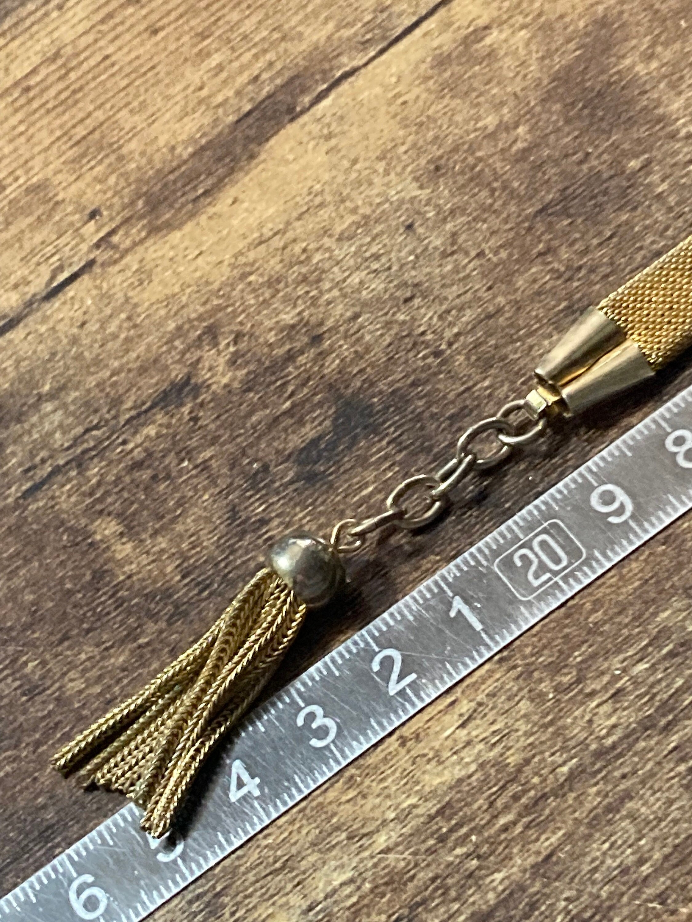 Retro 1970s gold plated articulated flat 12mm wide mesh tassel bracelet