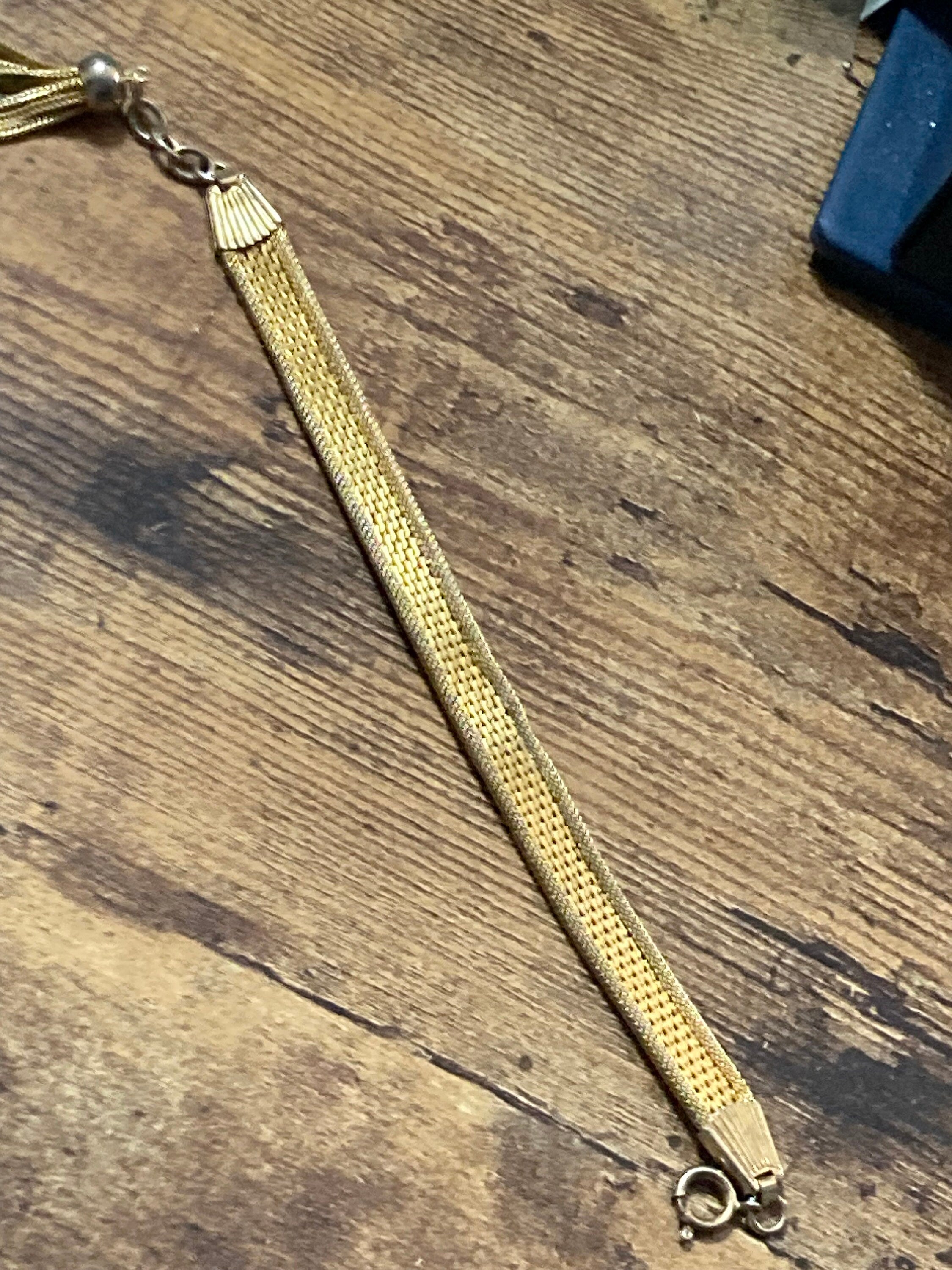 Retro 1970s gold plated articulated flat 12mm wide mesh tassel bracelet