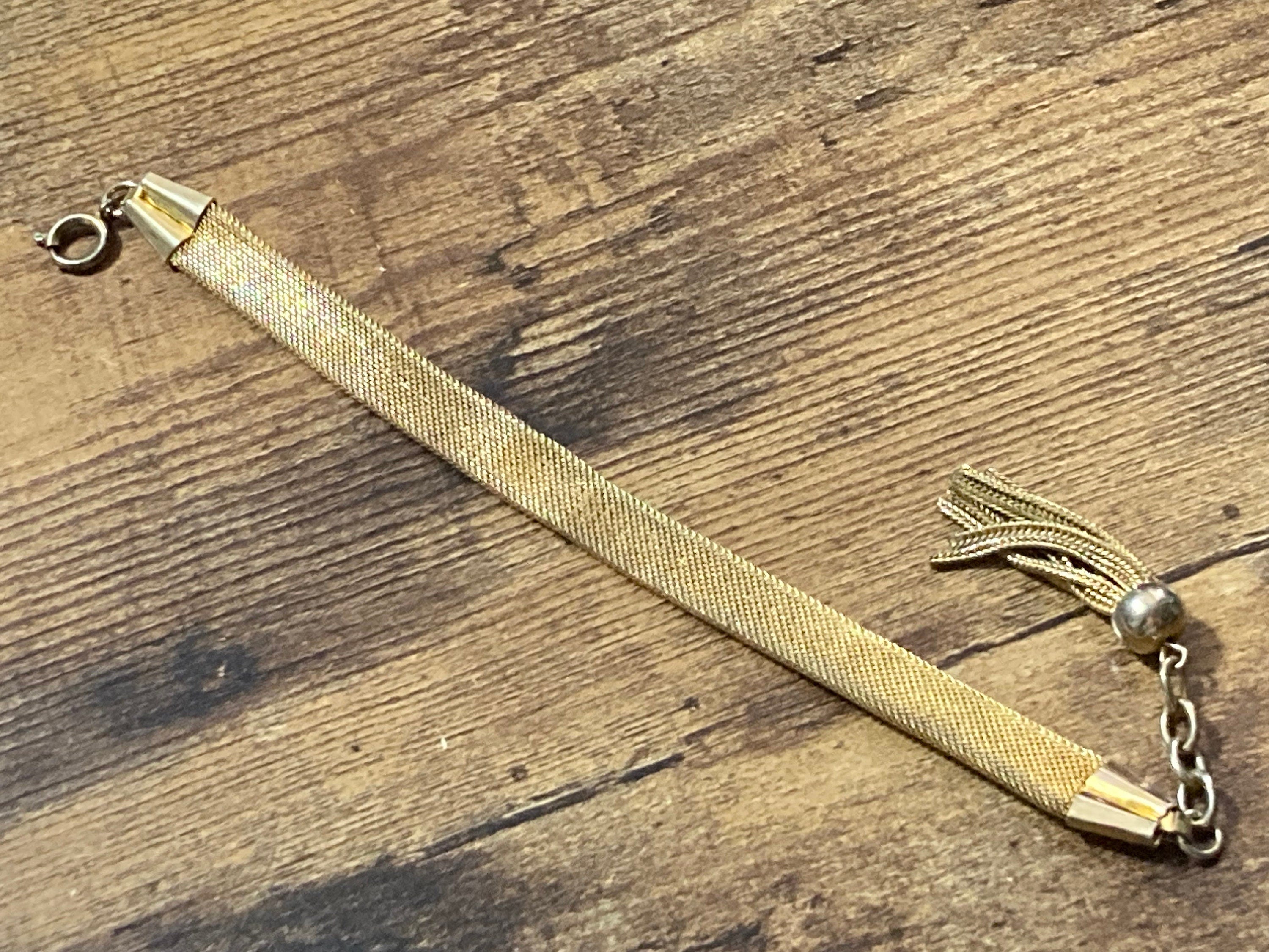 Retro 1970s gold plated articulated flat 12mm wide mesh tassel bracelet