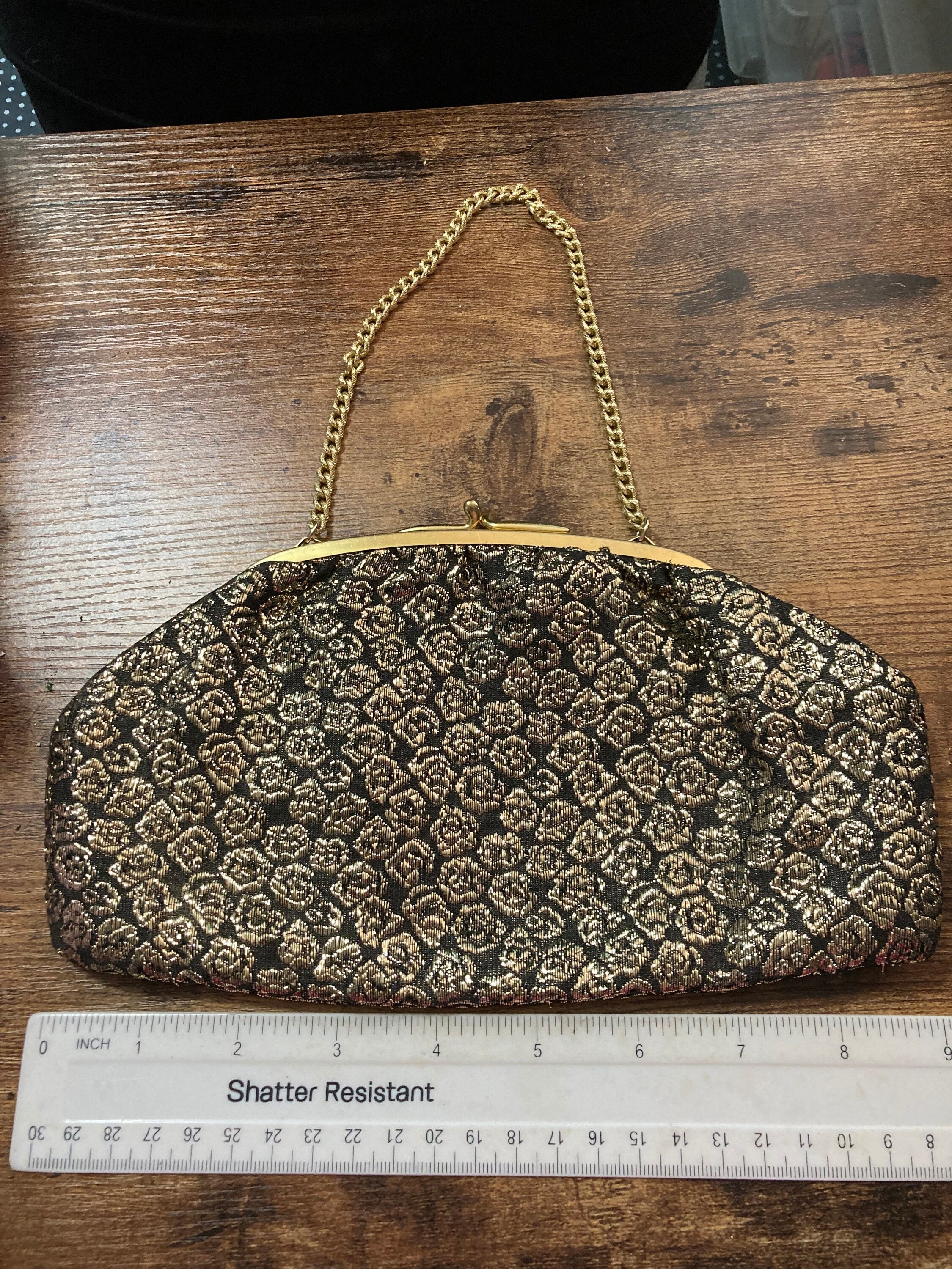 Vintage 1970s Black Gold Lurex Thread work make up cosmetic Evening Purse
