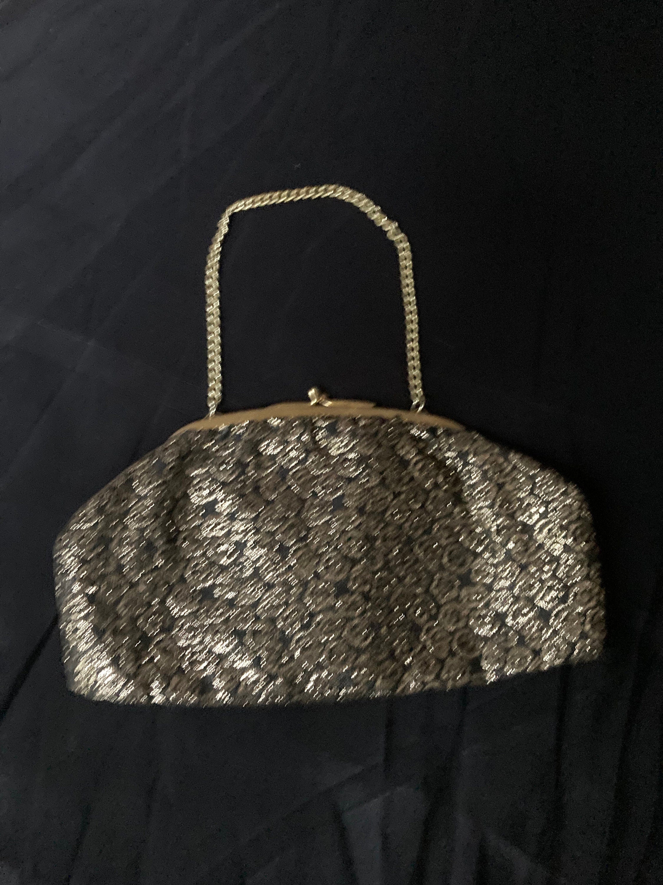 Vintage 1970s Black Gold Lurex Thread work make up cosmetic Evening Purse