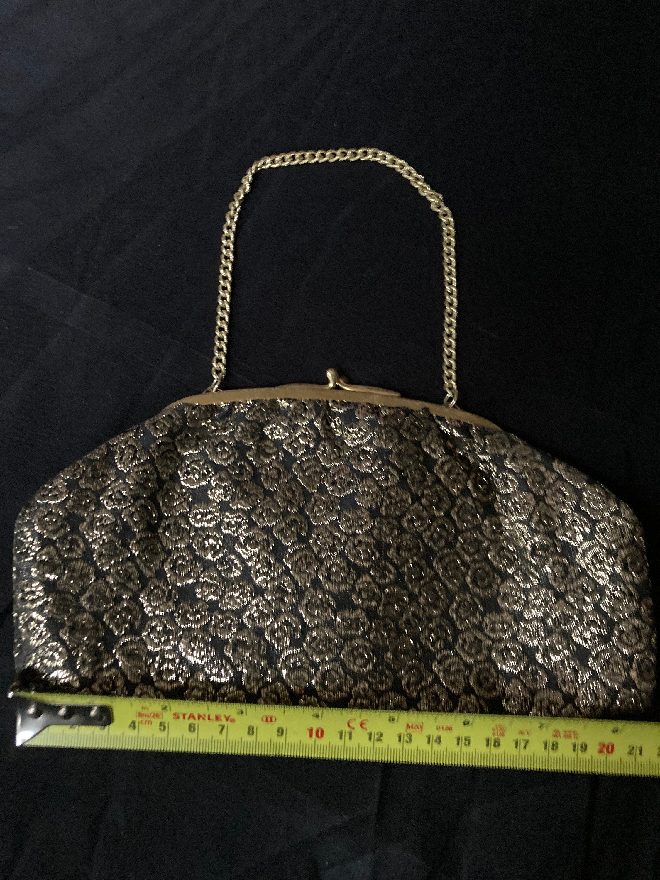 Vintage 1970s Black Gold Lurex Thread work make up cosmetic Evening Purse