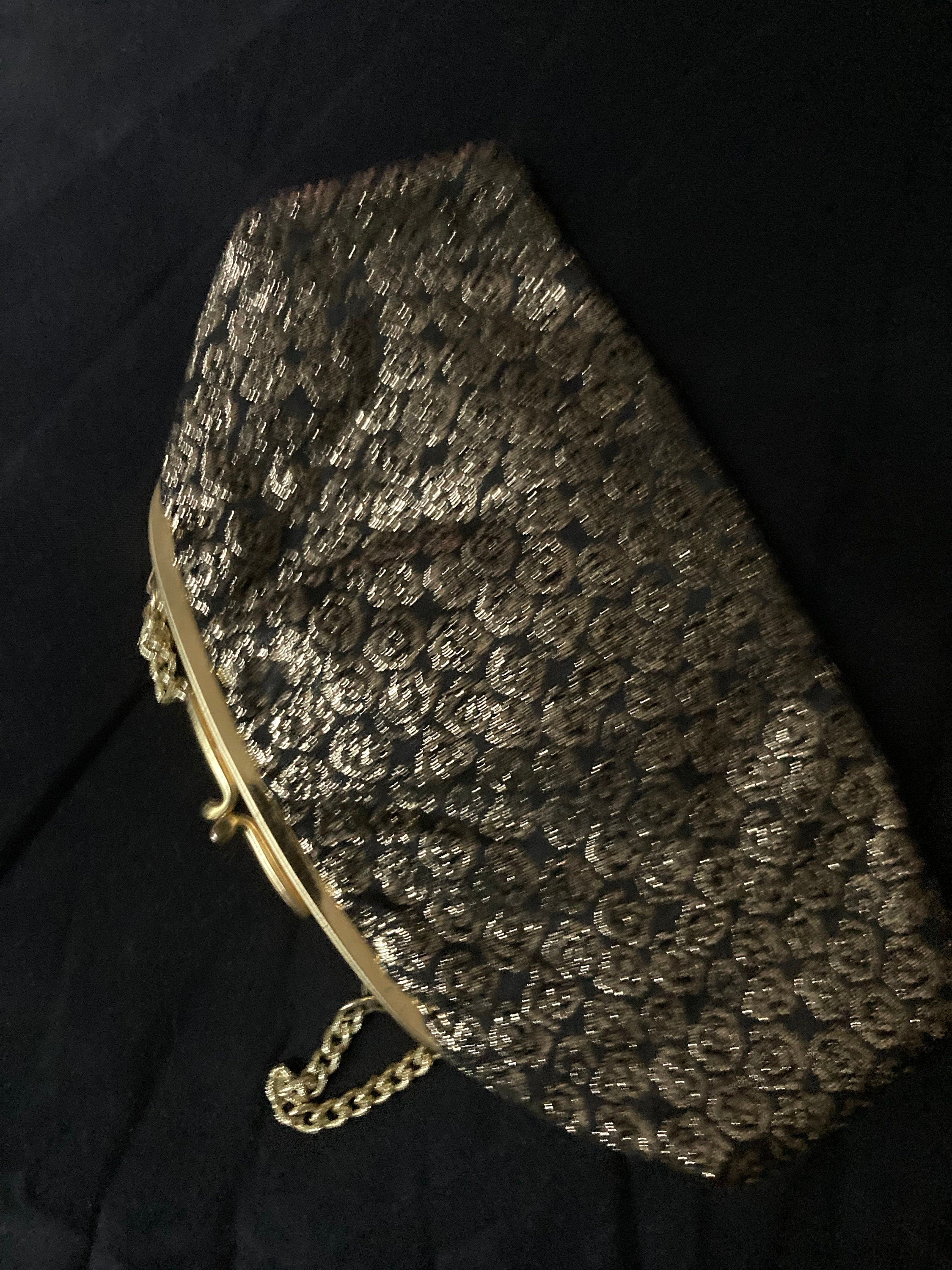 Vintage 1970s Black Gold Lurex Thread work make up cosmetic Evening Purse