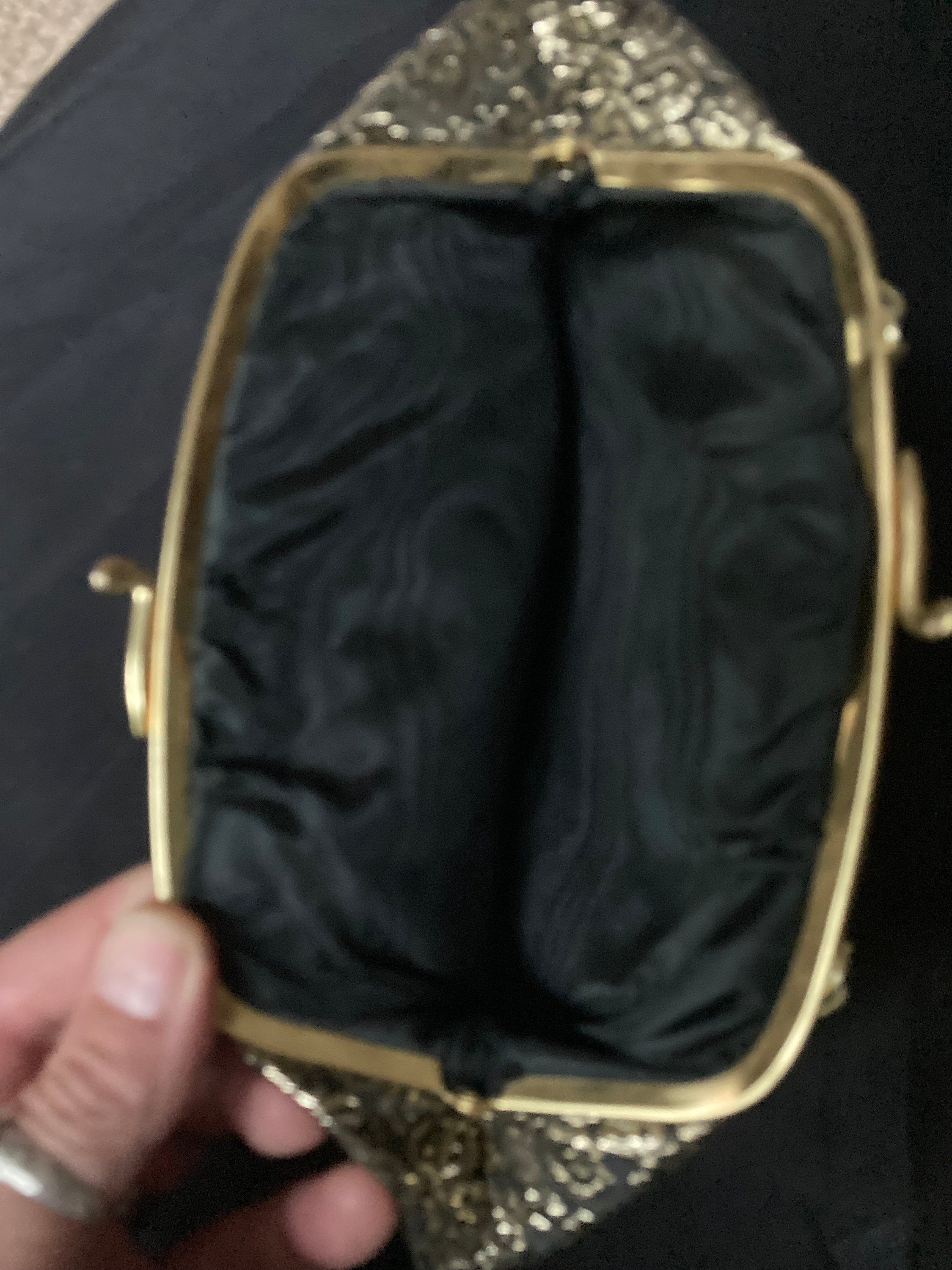 Vintage 1970s Black Gold Lurex Thread work make up cosmetic Evening Purse