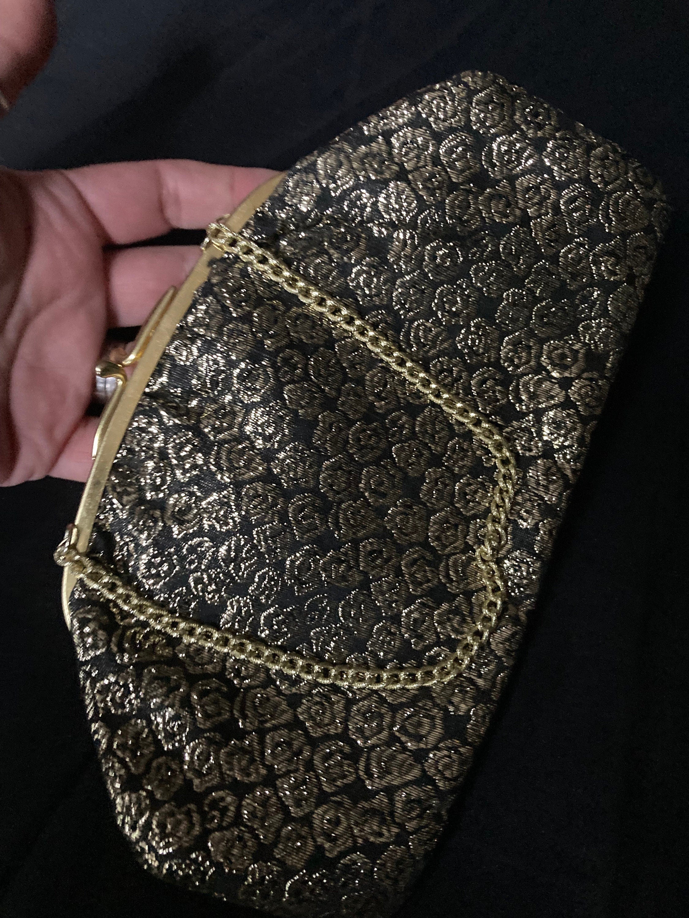 Vintage 1970s Black Gold Lurex Thread work make up cosmetic Evening Purse