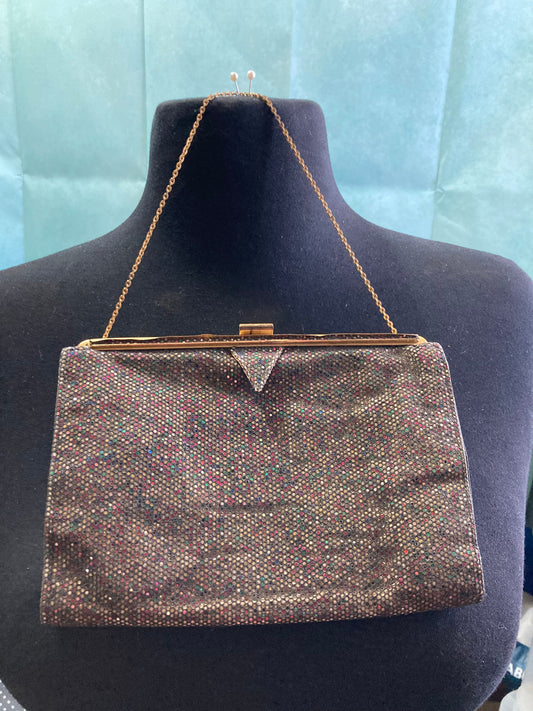 Art Deco micro sequin dark rainbow red green chain handle evening bag purse
