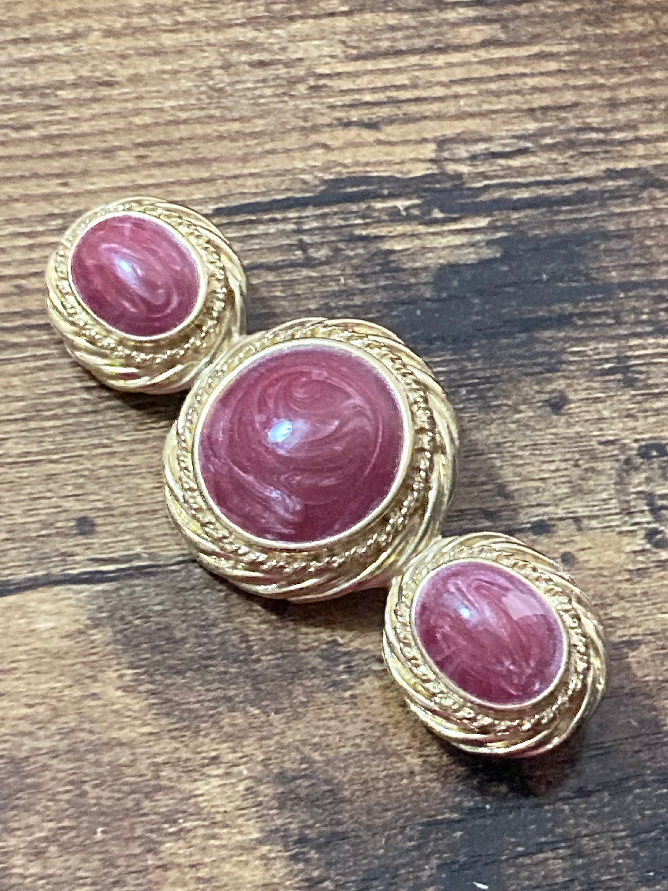 vintage gold tone Etruscan ornate bar brooch large dusky dark pink