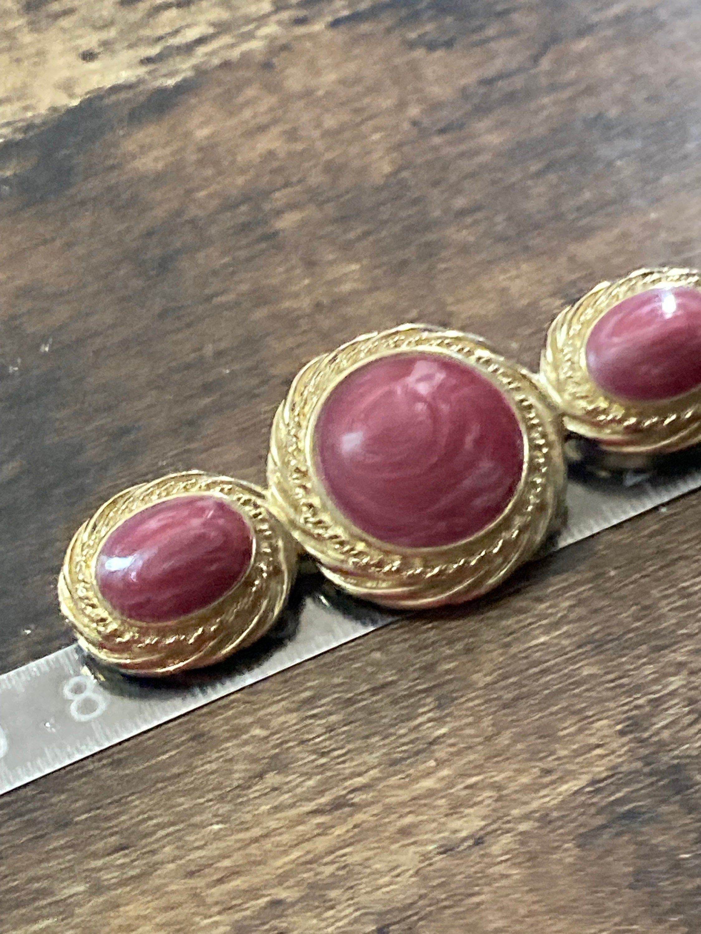 vintage gold tone Etruscan ornate bar brooch large dusky dark pink