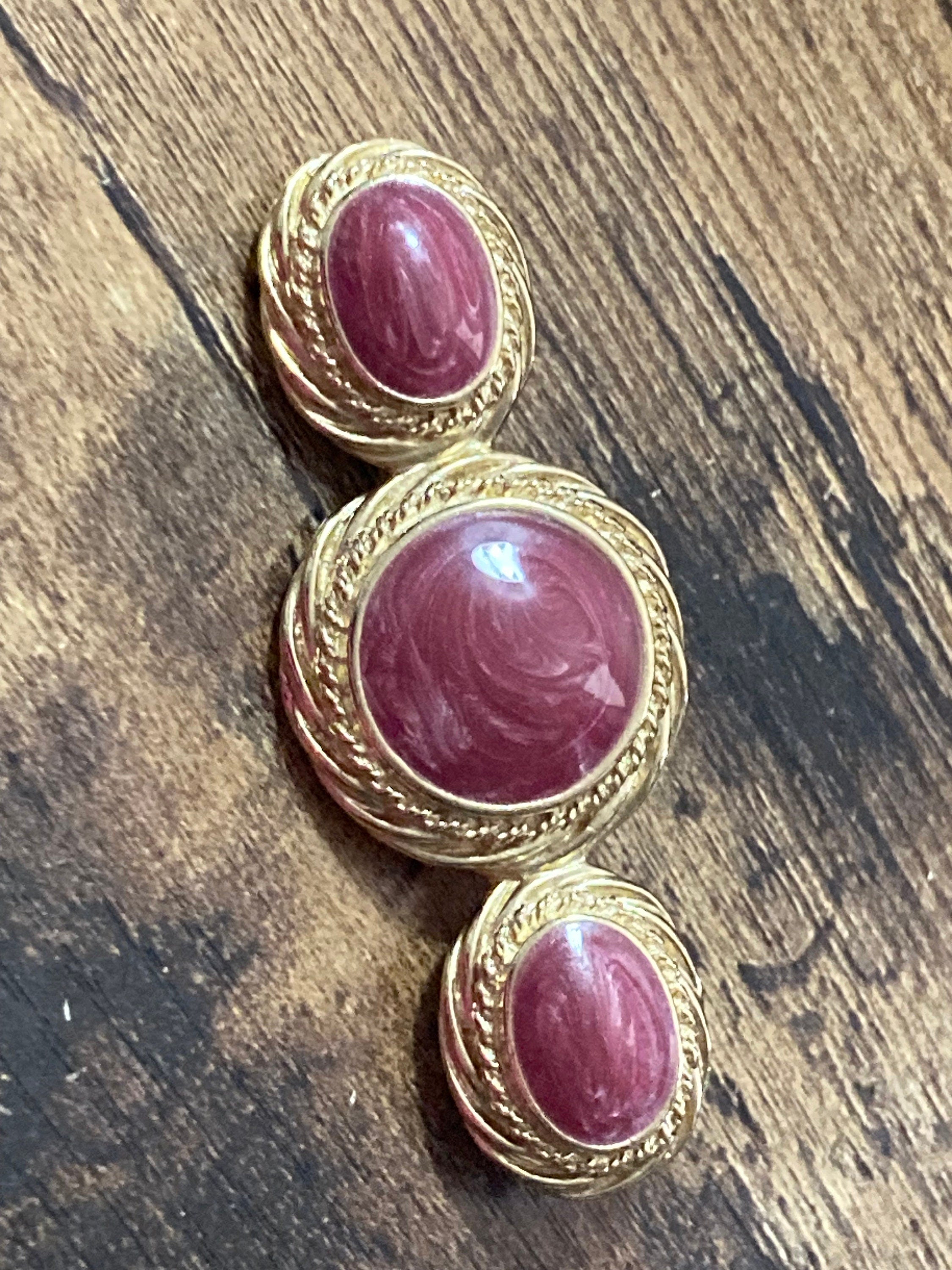 vintage gold tone Etruscan ornate bar brooch large dusky dark pink