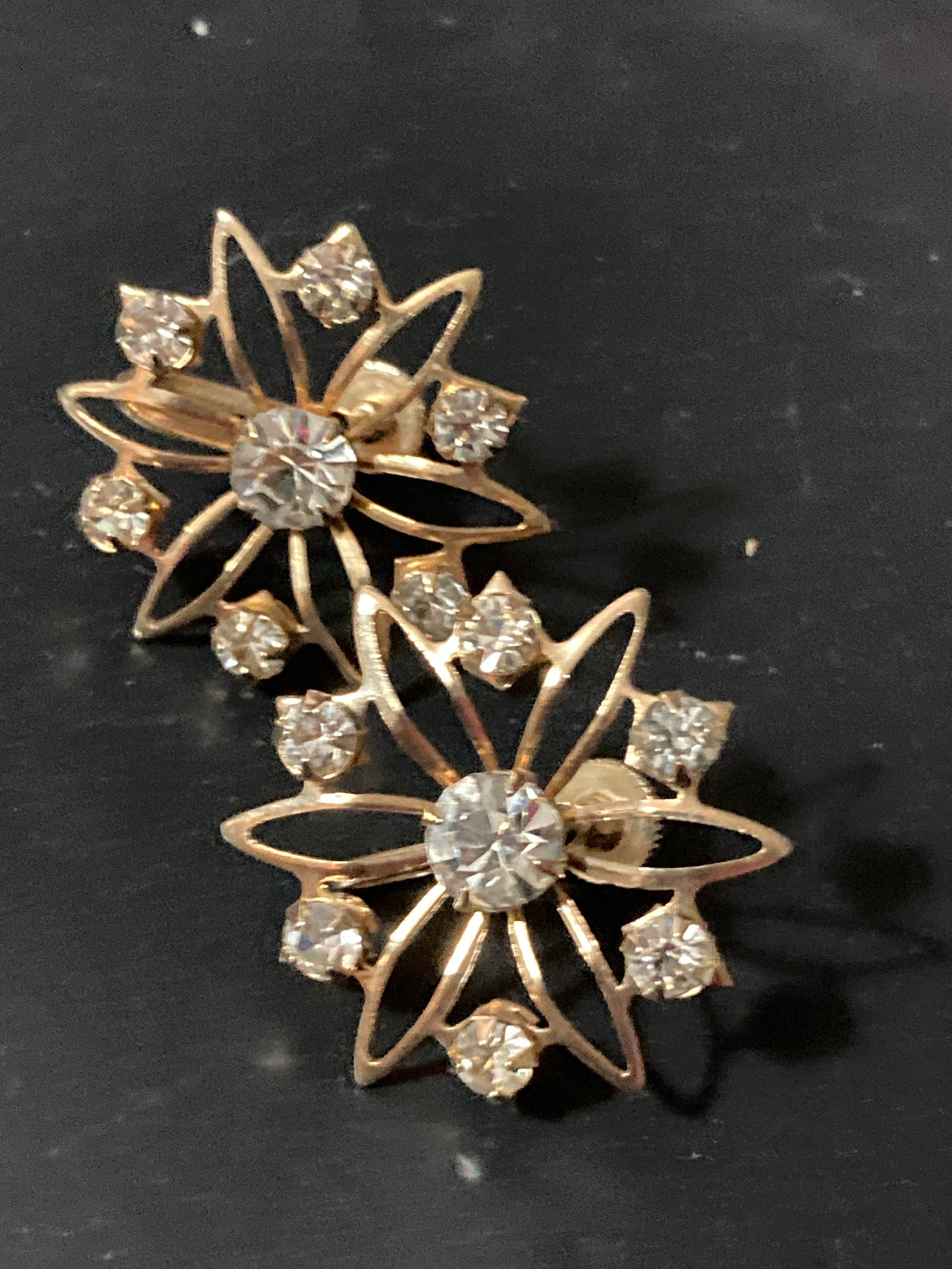 Vintage gold tone clear diamanté atomic Sputnik floral clip on earrings mid century