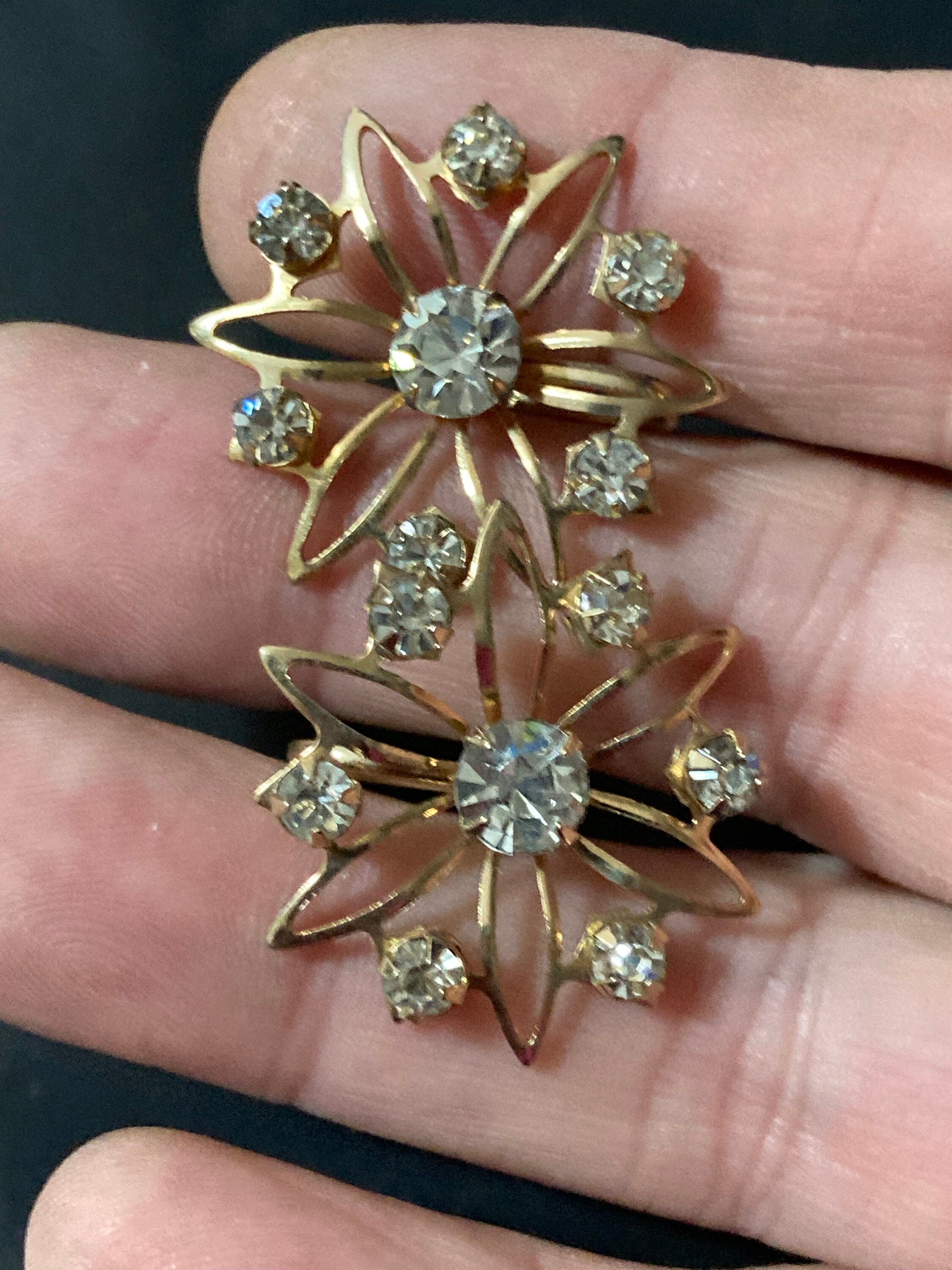 Vintage gold tone clear diamanté atomic Sputnik floral clip on earrings mid century