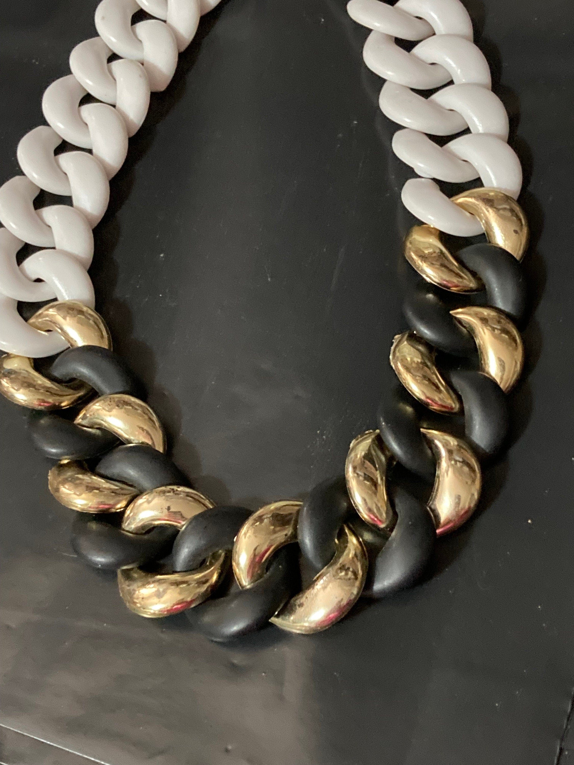 Vintage gold black and white retro plastic wide chunky choker necklace
