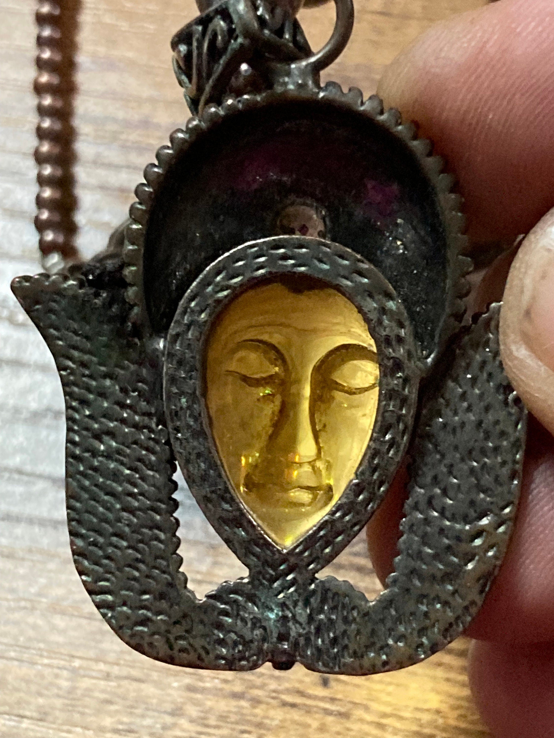 Genuine natural Dyed pearl purple beaded Tibetan face cabochon pendant drop necklace