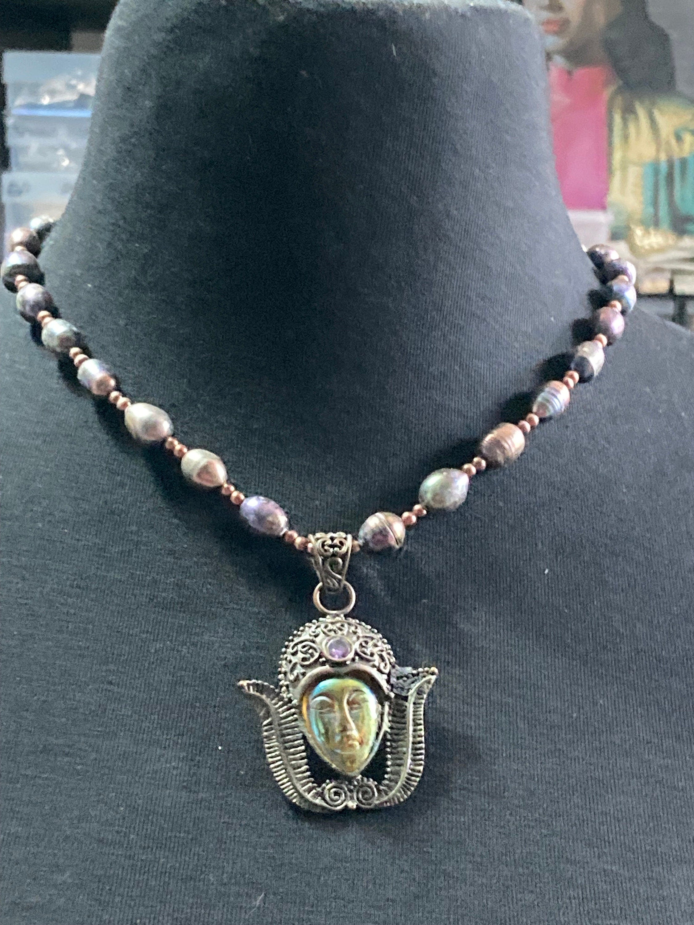 Genuine natural Dyed pearl purple beaded Tibetan face cabochon pendant drop necklace