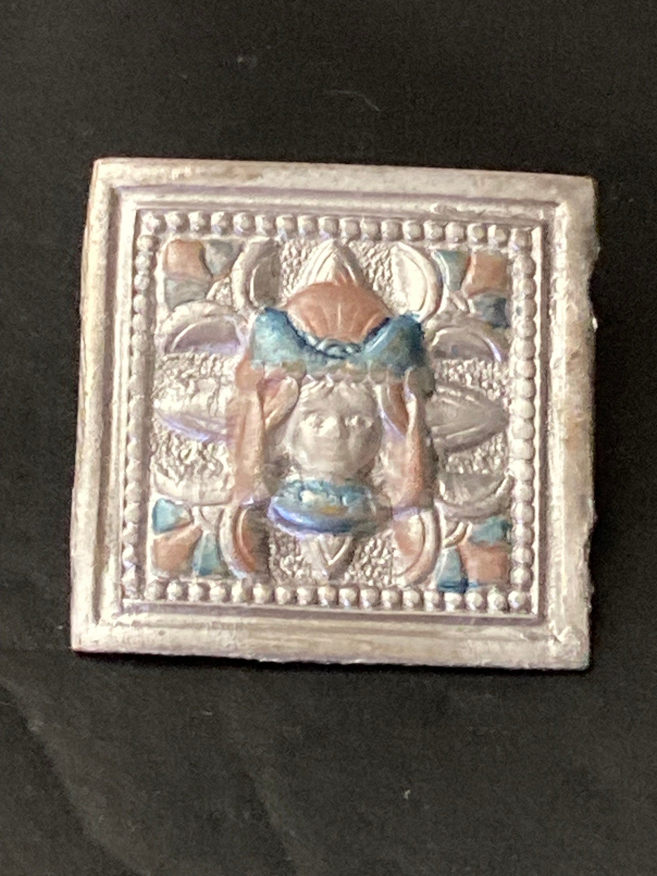 Small square are silver tone lady ladies face brooch 2cm blue pink