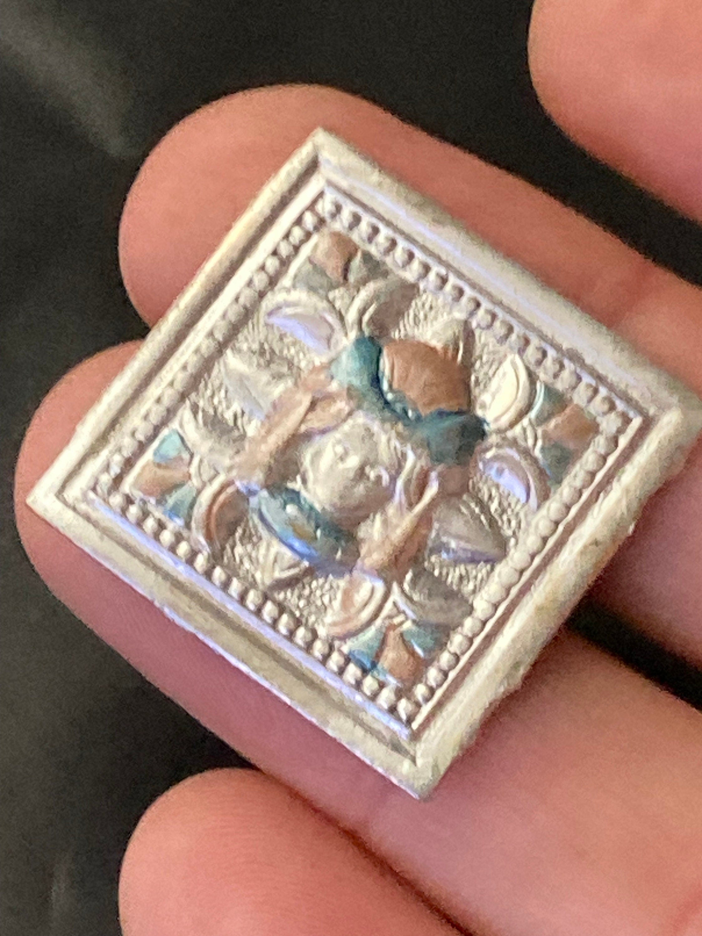 Small square are silver tone lady ladies face brooch 2cm blue pink