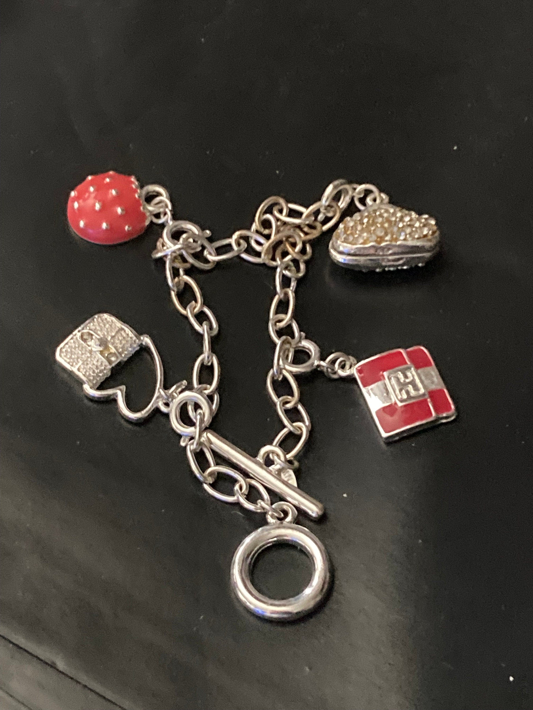 Signed Avon silver tone novelty enamelled handbag purses charm bracelet 19cm