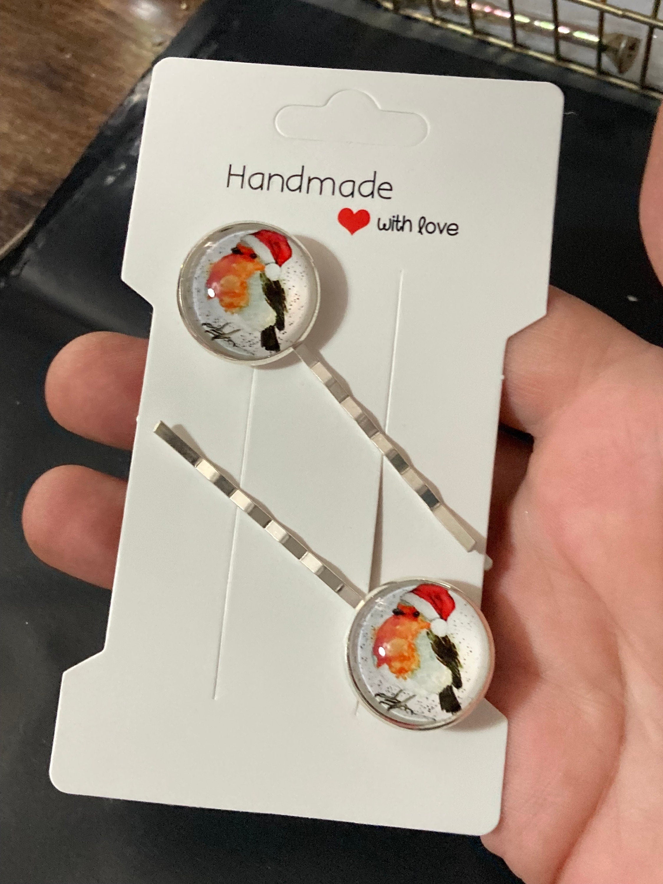Pair of silver Christmas robin hair slides hair grips 20mm glass cabochon handmade