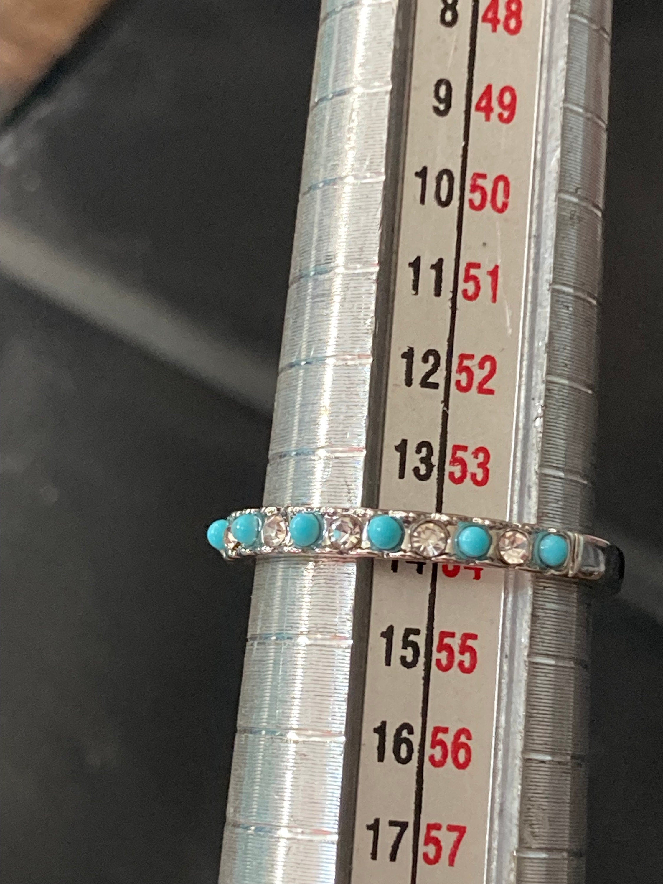 Stacking Size 54  N.5 silver tone turquoise diamanté slim dress ring