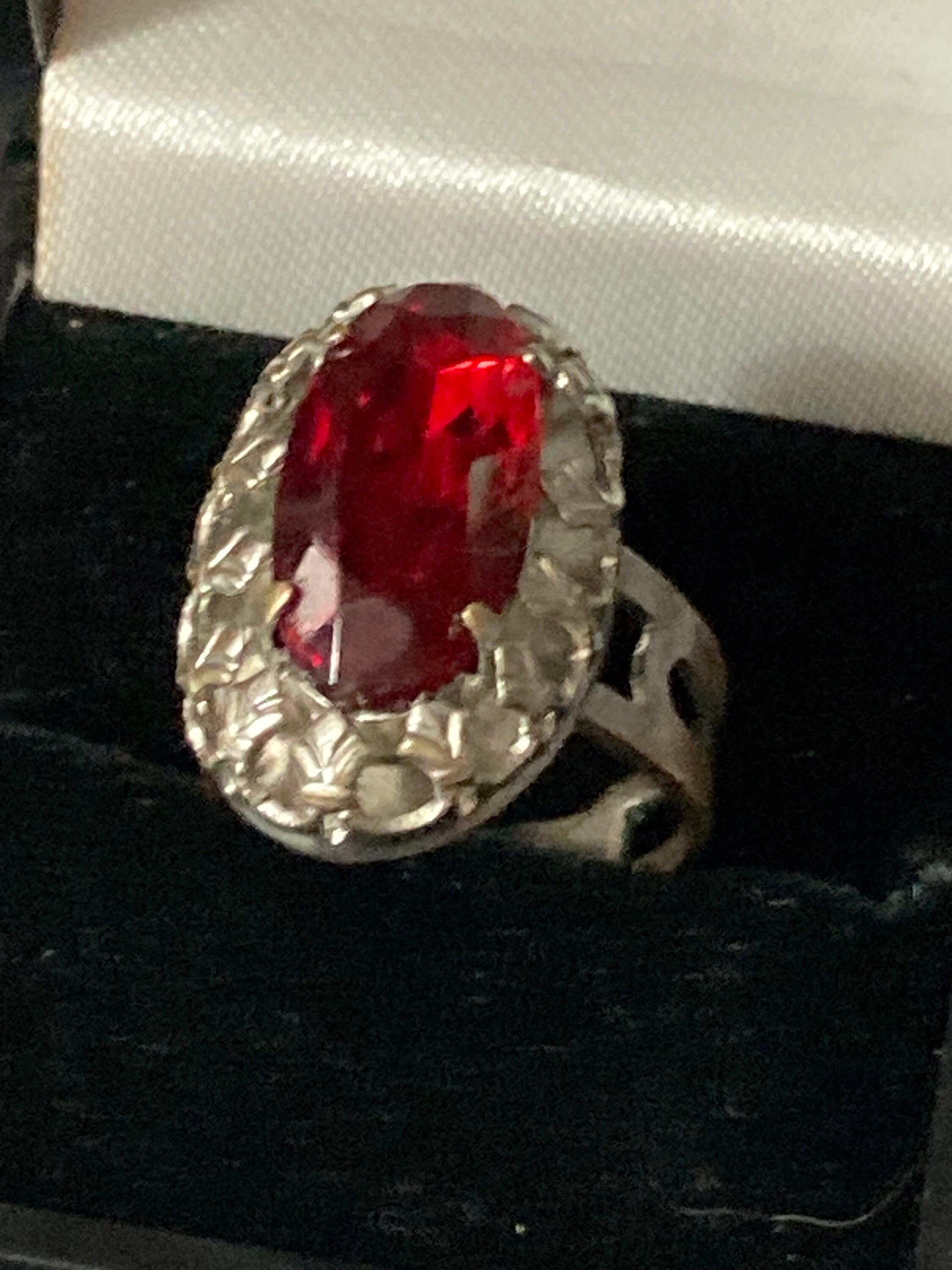 1970s Brutalist Silver Tone Cocktail Ring: Red Ruby Glass Paste, Adjustable