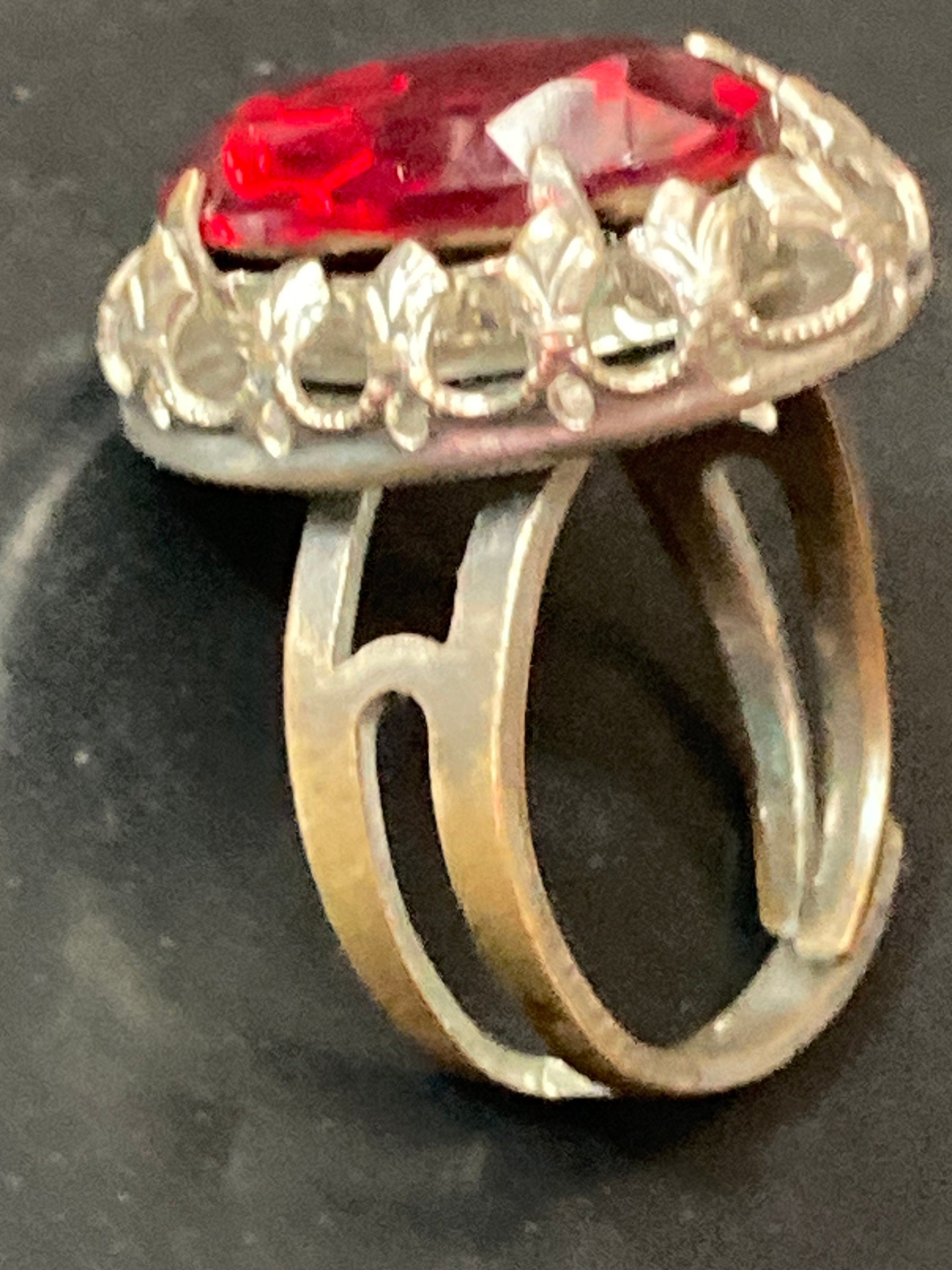1970s Brutalist Silver Tone Cocktail Ring: Red Ruby Glass Paste, Adjustable